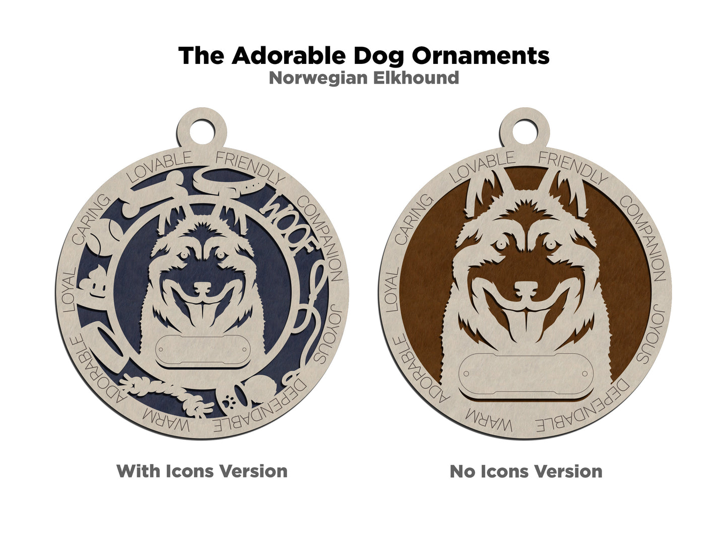 Personalized 3" Round Wooden Dog Christmas Ornament - Laser Cut 2-Layer Design with Customizable Name Tag & Text - Norwegian Elkhound Breed - Handcrafted in USA - Choose Colorful Backgrounds