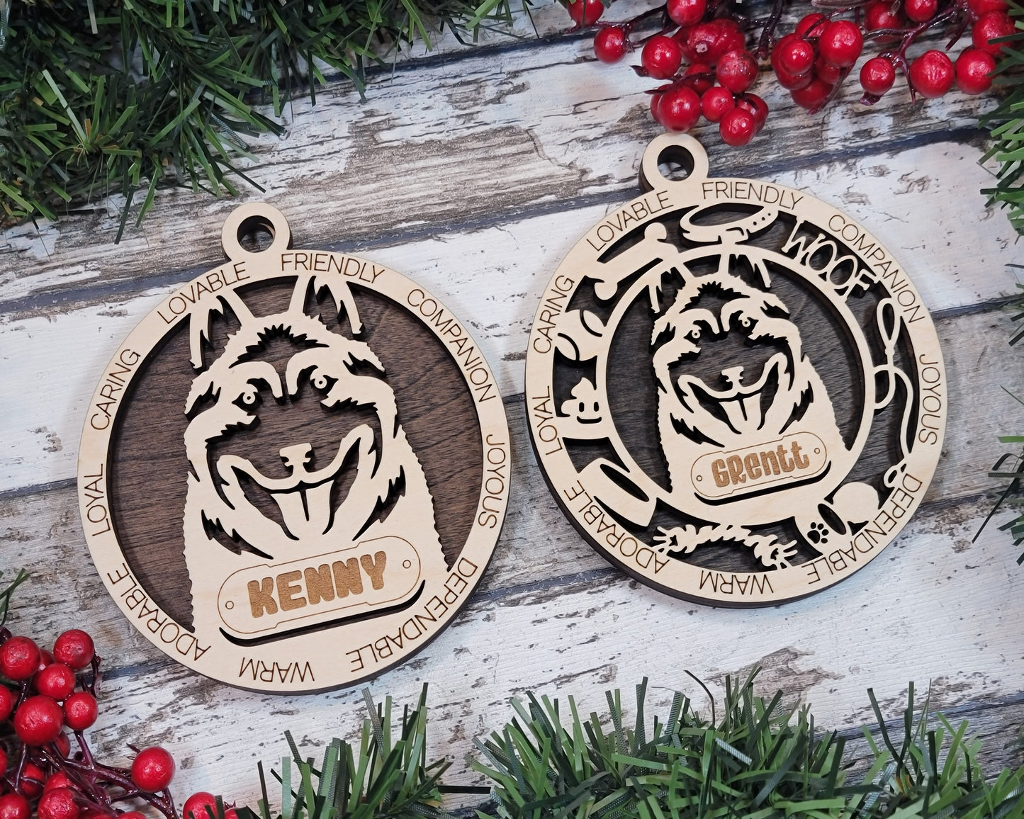 Personalized 3" Round Wooden Dog Christmas Ornament - Laser Cut 2-Layer Design with Customizable Name Tag & Text - Norwegian Elkhound Breed - Handcrafted in USA - Choose Colorful Backgrounds
