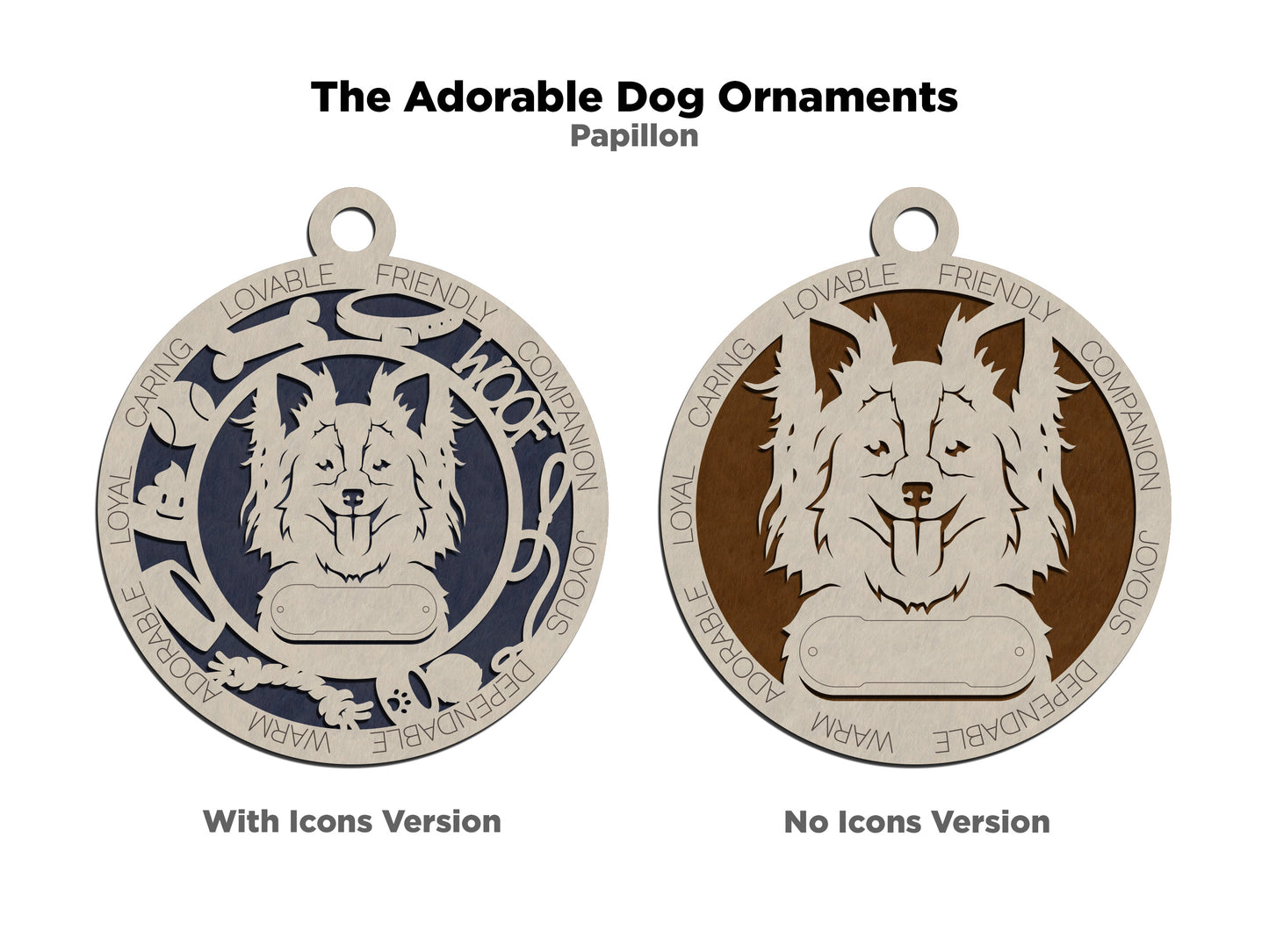 Personalized Papillon Dog Christmas Ornament - 3" Round, 2-Layer Laser Cut Wood - Customizable Name & Text - Handcrafted in USA - Choose Background Color/Print - Perfect Holiday Gift!