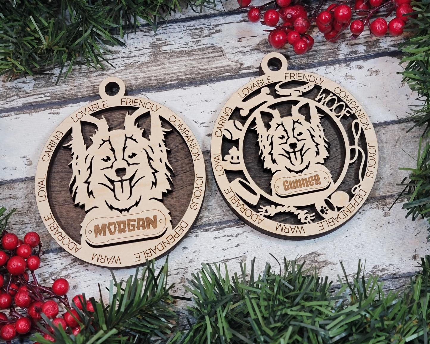 Personalized Papillon Dog Christmas Ornament - 3" Round, 2-Layer Laser Cut Wood - Customizable Name & Text - Handcrafted in USA - Choose Background Color/Print - Perfect Holiday Gift!