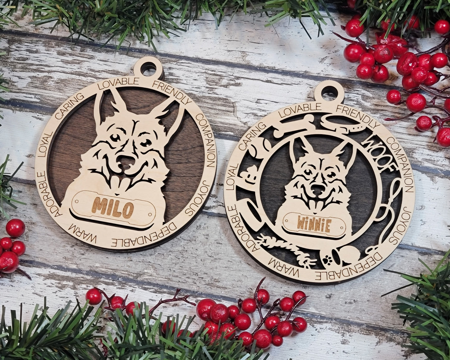 Personalized 3" Round Wooden Dog Christmas Ornament - Pembroke Welsh Corgi Design - Customizable Name Tag & Text - Handcrafted in USA - Choose Background Color or Print - Perfect Holiday Gift!