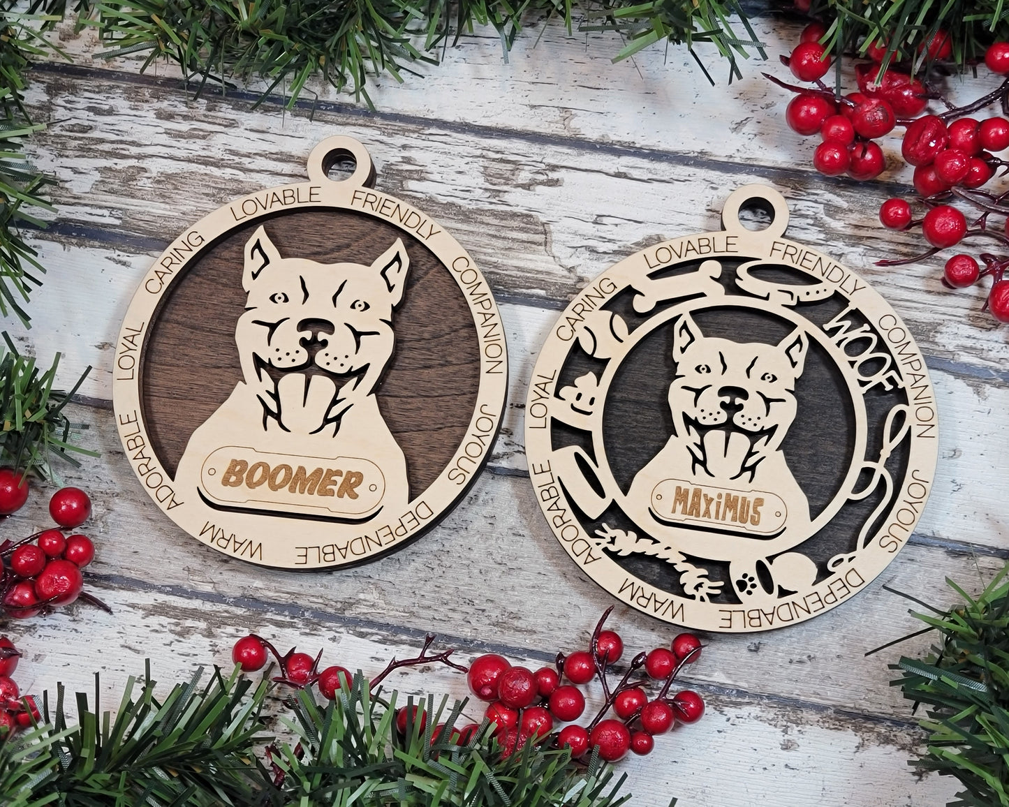 Personalized 3" Round Wooden Dog Christmas Ornament - Pitbull Design with Cropped Ears - Customizable Name & Text - Handcrafted in USA - Choose Background Color - Perfect Holiday Gift!
