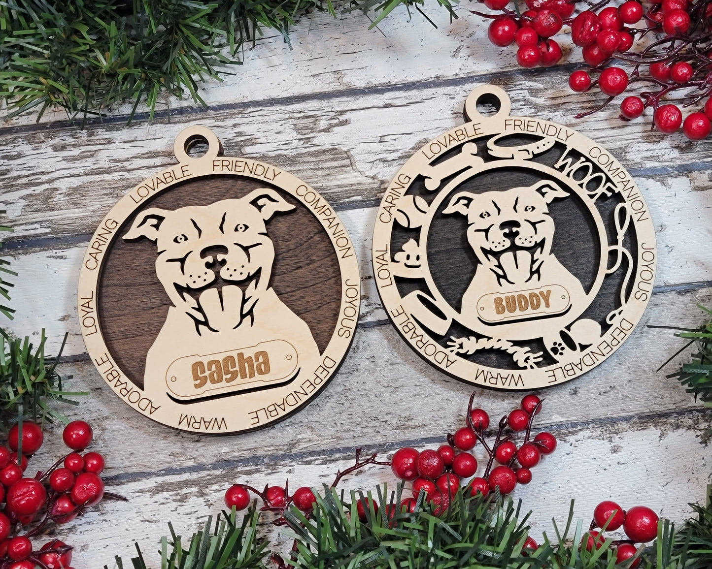Personalized 3" Round Wooden Pitbull Christmas Ornament - Customizable Dog Name & Text - 2 Layer Laser Cut Design - Natural Wood & Color Options - Handcrafted in USA - Perfect Holiday Gift!