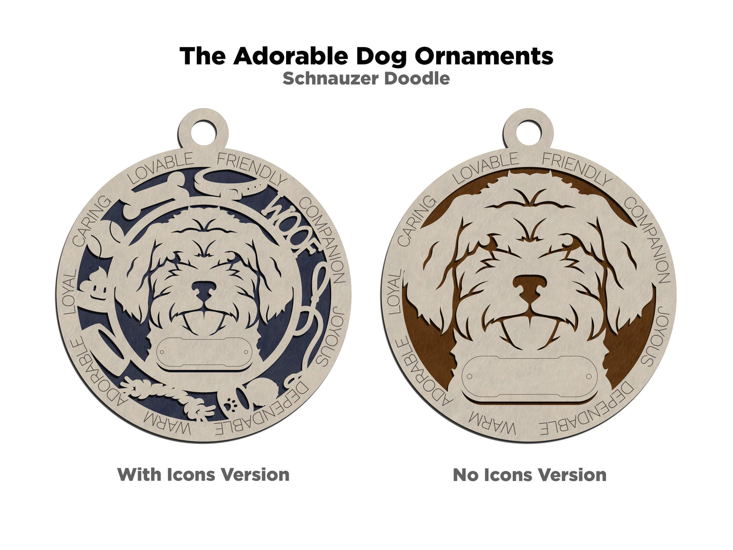Personalized 3" Wooden Dog Christmas Ornament - Schnauzer Doodle Design - Customizable Name & Text - Handcrafted in USA - 2 Layer Laser Cut - Choose Background Color - Perfect Holiday Gift!
