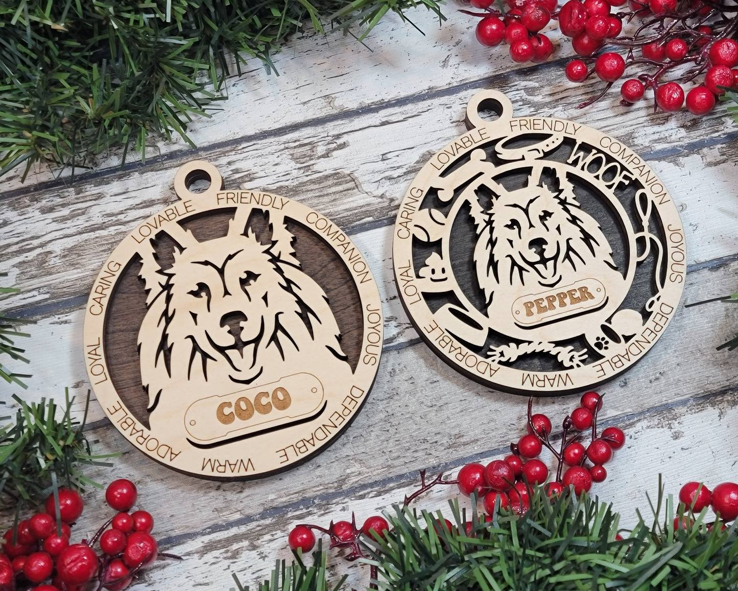 Personalized Shetland Sheepdog Christmas Ornament - 3" Round, 2-Layer Laser Cut Wood - Custom Dog Name & Text - Handcrafted in USA - Choose Background Color/Print - Perfect Holiday Gift!