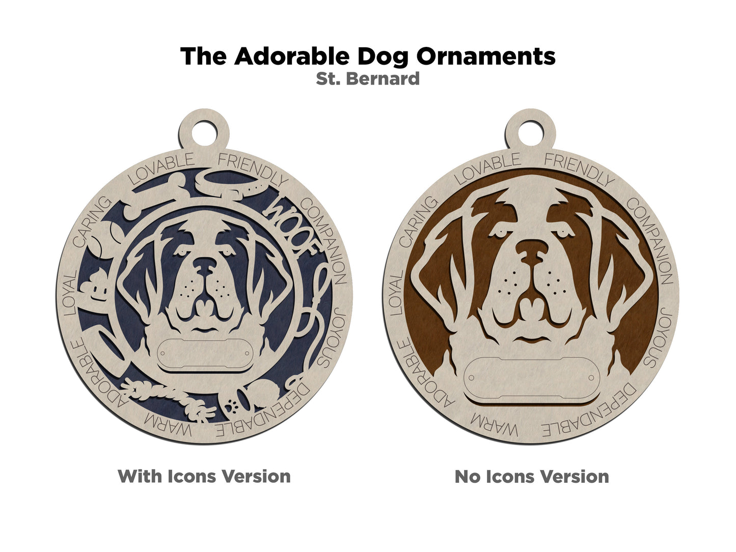 Personalized St Bernard Dog Christmas Ornament - 3" Round, 2-Layer Laser Cut Wood - Customizable Name & Text - Handcrafted in USA - Choose Background Color or Print - Perfect Holiday Gift!