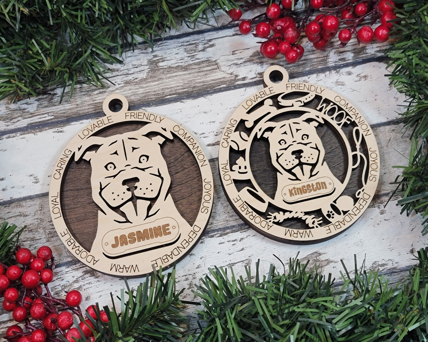 Personalized Staffordshire Bull Terrier Dog Christmas Ornament, 3" Round, 2-Layer Laser Cut Wood, Customizable Name Tag & Text, Handcrafted in USA, Choose Colorful Background, Perfect Gift!