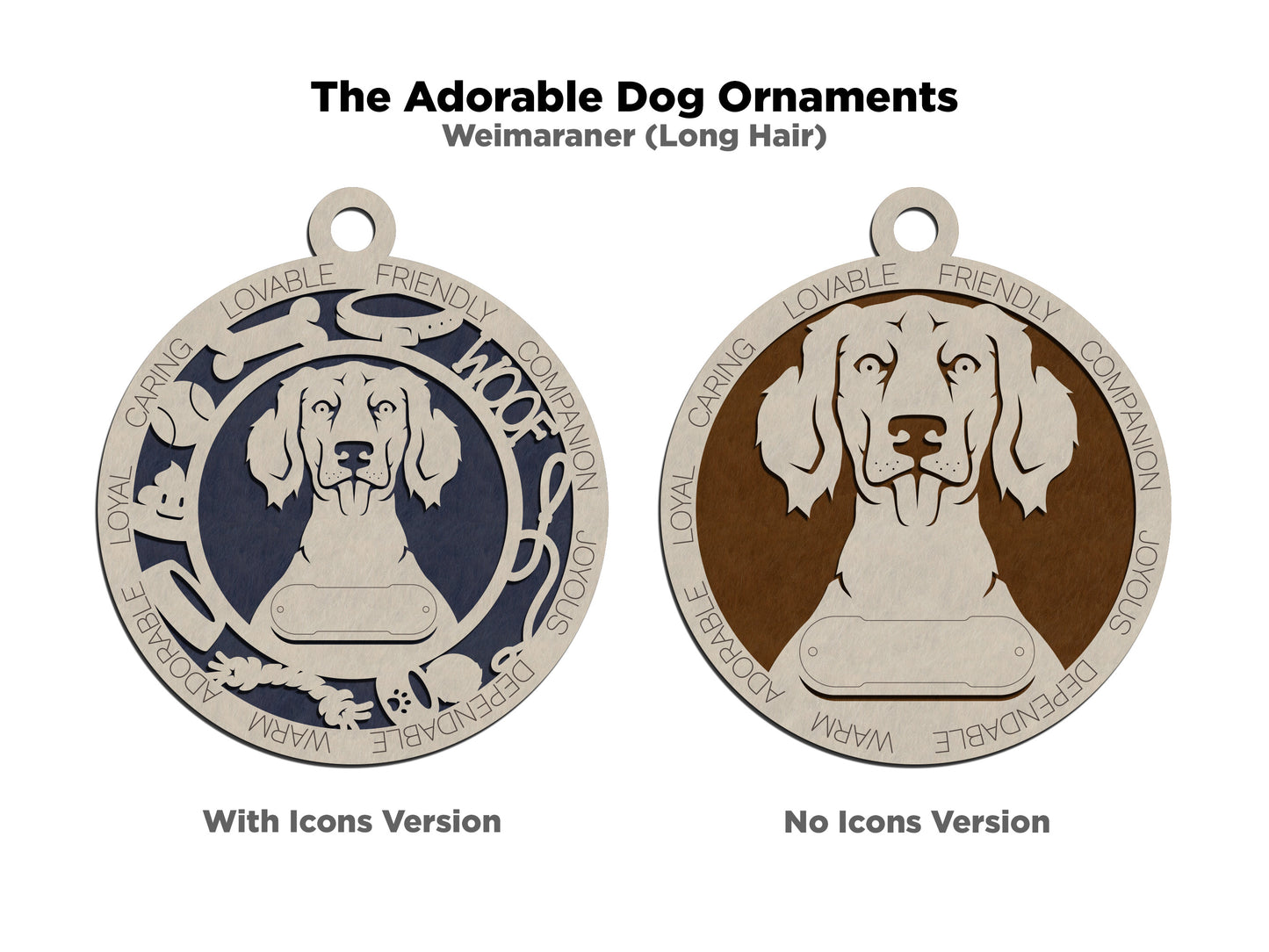 Personalized Long Hair Weimaraner Dog Christmas Ornament, 3" Round, 2-Layer Laser Cut Wood, Customizable Name Tag & Text, Handcrafted in USA, Choose Background Color/Print, Perfect Holiday Gift