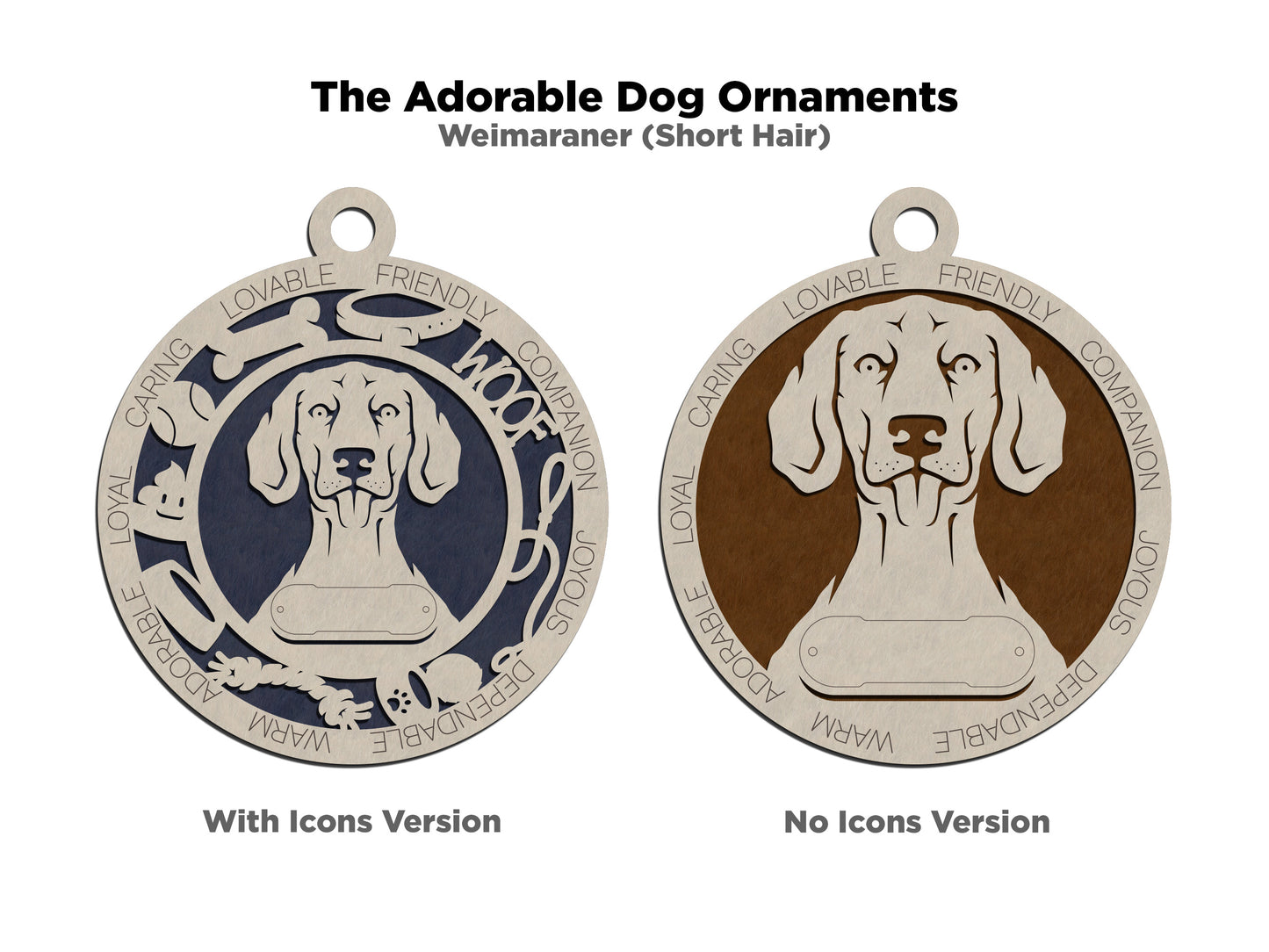 Personalized 3" Round Wooden Dog Christmas Ornament - Short Hair Weimaraner Design - Customizable Name & Text - 2 Layer Laser Cut - Natural Wood & Color Options - Handcrafted in USA - Perfect Gift!