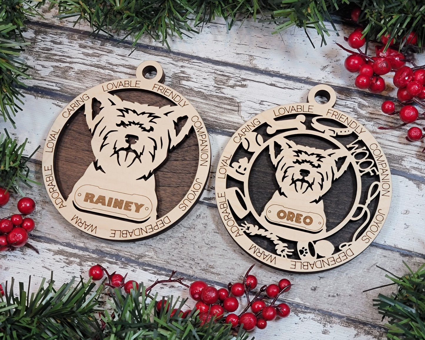 Personalized 3" Round Wooden Dog Christmas Ornament - Handcrafted USA - Customizable Yorkie Design - Laser Cut 2-Layer with Name Tag - Choose Background Color - Perfect Holiday Gift for Pet Lovers