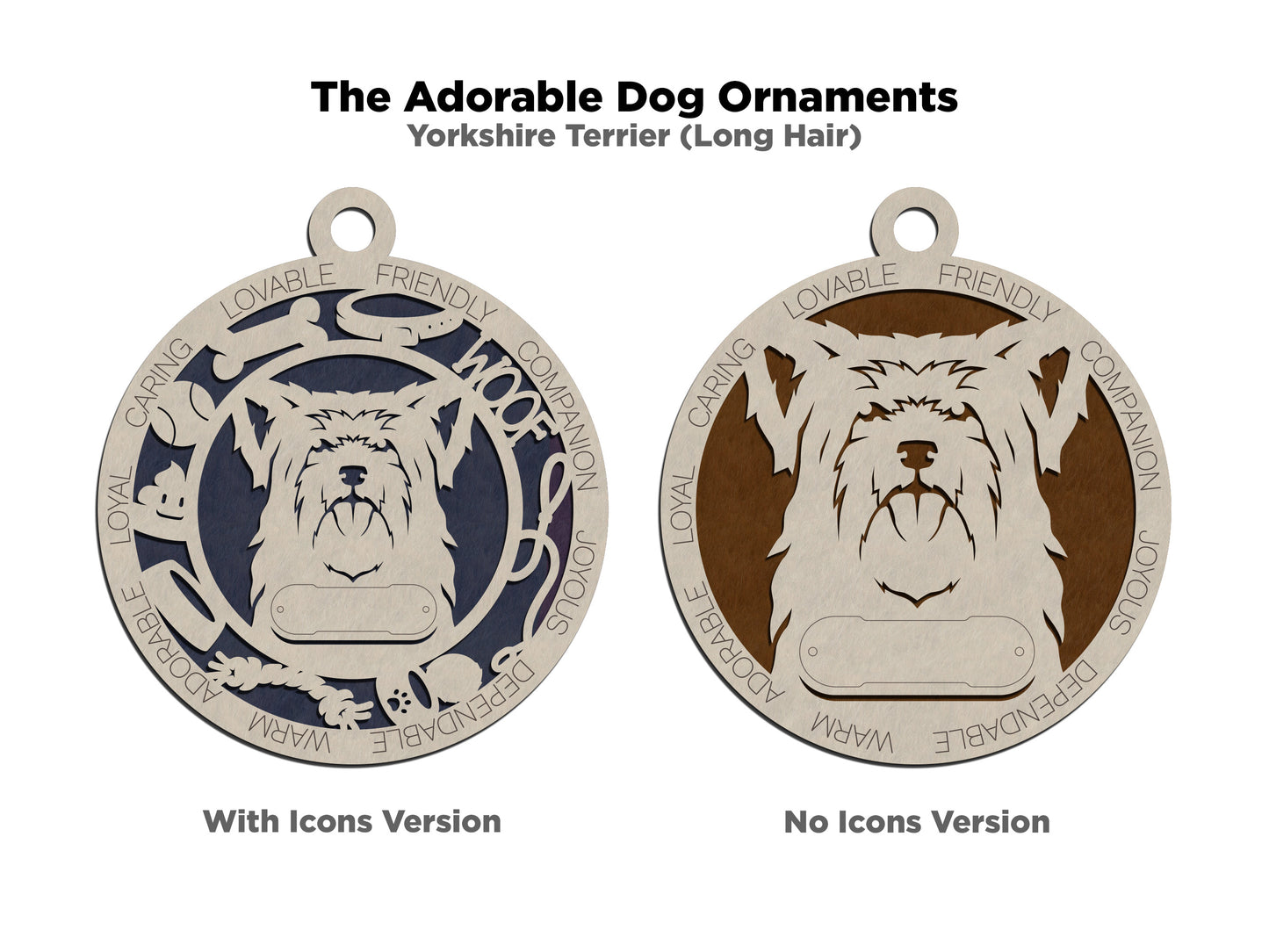 Personalized Longhair Yorkshire Terrier Dog Christmas Ornament, 3" Round, 2-Layer Laser Cut Wood, Customizable Name & Text, Handcrafted in USA, Choose Background Color, Perfect Holiday Gift!