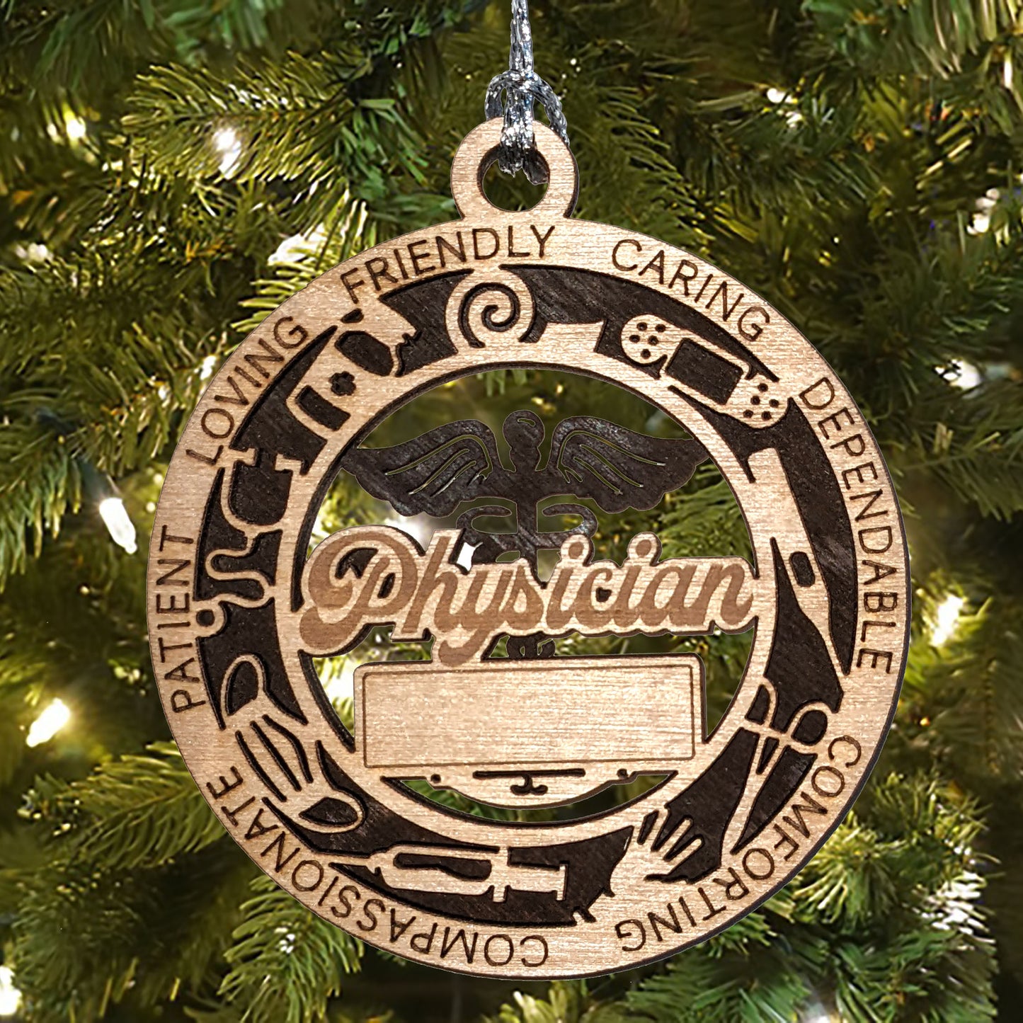 Handcrafted 3" Wooden Physician Christmas Ornament, 2-Layer Laser Cut Design, Customizable Text & Color Background, Medical Icons: Stethoscope, Syringe, Face Mask, Made in USA, Perfect Gift!