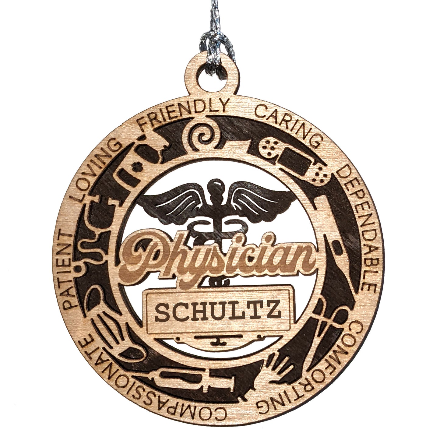 Handcrafted 3" Wooden Physician Christmas Ornament, 2-Layer Laser Cut Design, Customizable Text, Caduceus & Medical Icons, Natural Wood & Colored Background Options, Made in USA, Perfect Gift!