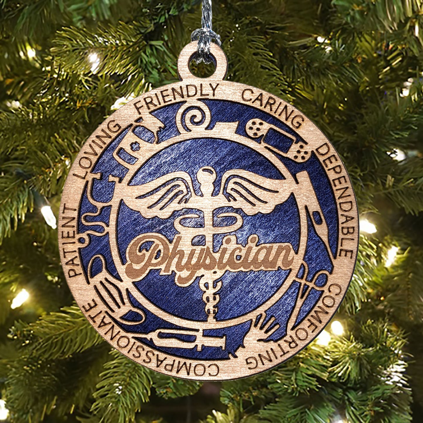 Handcrafted 3" Wooden Physician Christmas Ornament, 2-Layer Laser Cut Design, Customizable Text & Color, Caduceus Cutout, Medical Icons, Made in USA - Perfect Gift for Doctors & Healthcare Heroes