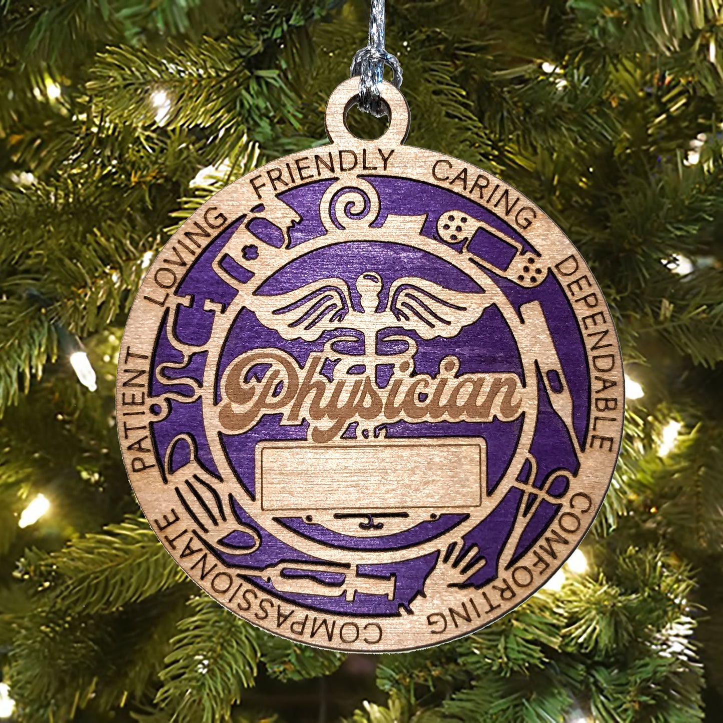 Handcrafted 3" Wooden Physician Christmas Ornament, 2-Layer Laser Cut Design, Customizable Text, Caduceus & Medical Icons, Natural Wood & Colored Background Options, Made in USA, Perfect Gift!