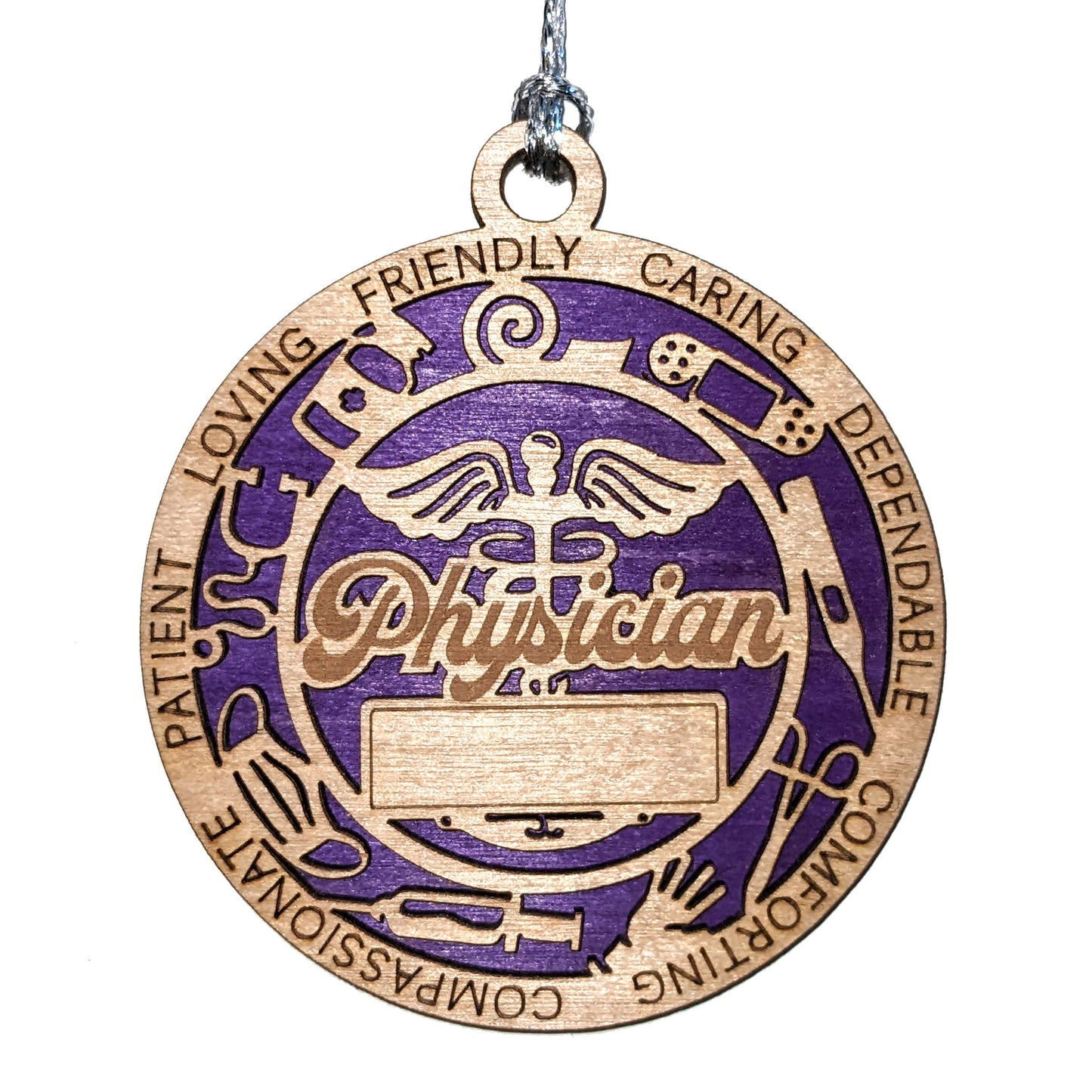 Handcrafted 3" Wooden Physician Christmas Ornament, 2-Layer Laser Cut Design, Customizable Text, Caduceus & Medical Icons, Natural Wood & Colored Background Options, Made in USA, Perfect Gift!