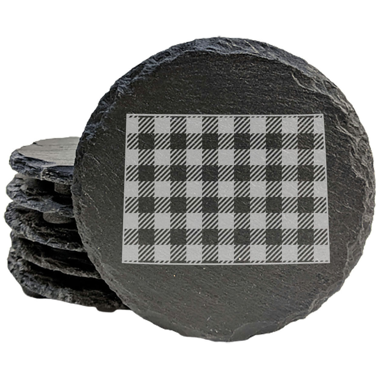 Rustic Slate Coasters Set of 4 - Colorado Plaid Design, 4" Round, Natural Chipped Edge, Rubber Feet, - Perfect for Holidays, Birthdays, Housewarming - Made in Oregon, USA