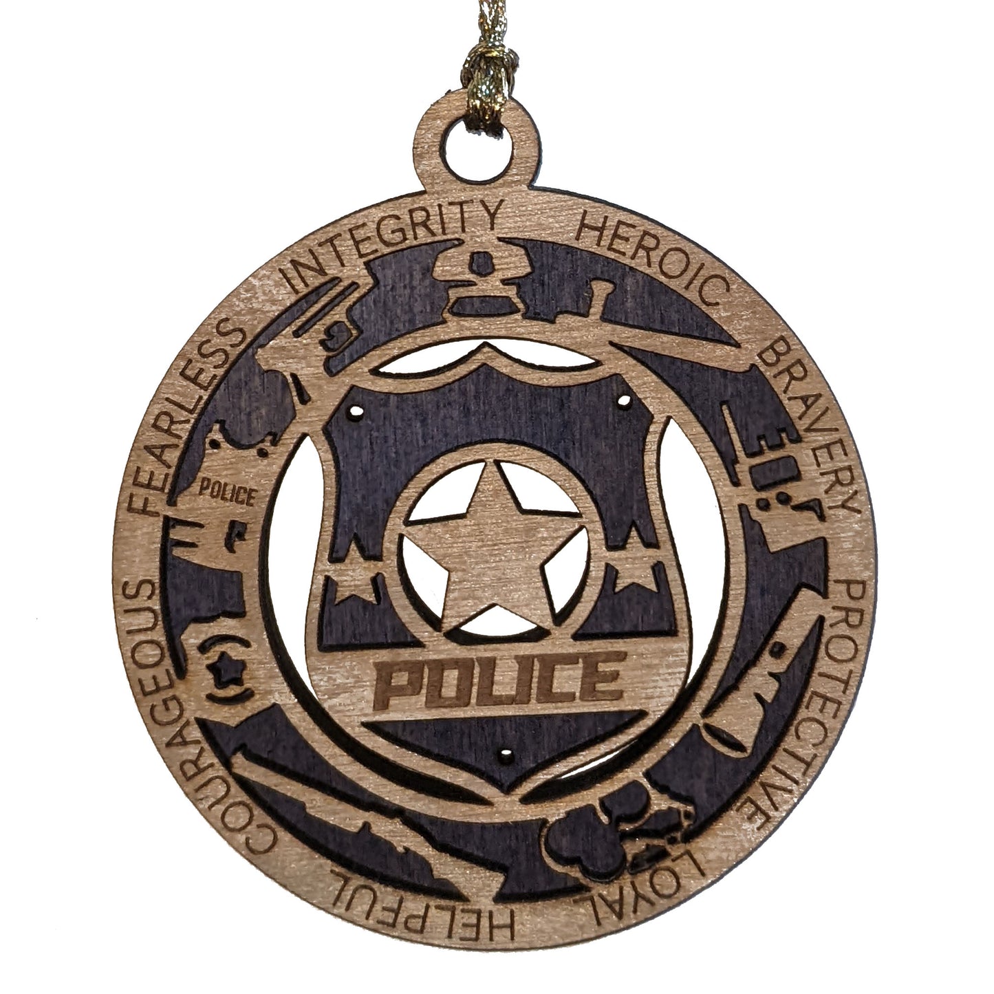 3" Laser Cut Handcrafted Wooden Police Christmas Ornament with Cut Background - Custom Law Enforcement Holiday Decor