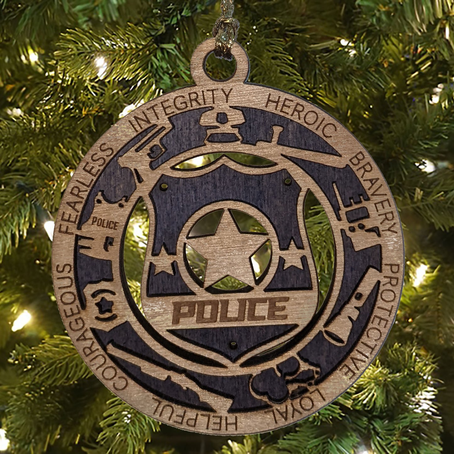 3" Laser Cut Handcrafted Wooden Police Christmas Ornament with Cut Background - Custom Law Enforcement Holiday Decor