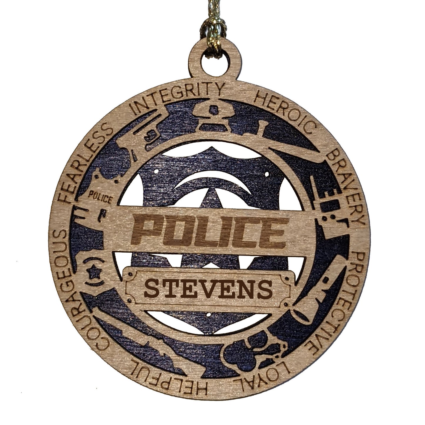 3" Laser Cut Handcrafted Wooden Personalized Police Christmas Ornament with Cut Background - Custom Law Enforcement Holiday Decor