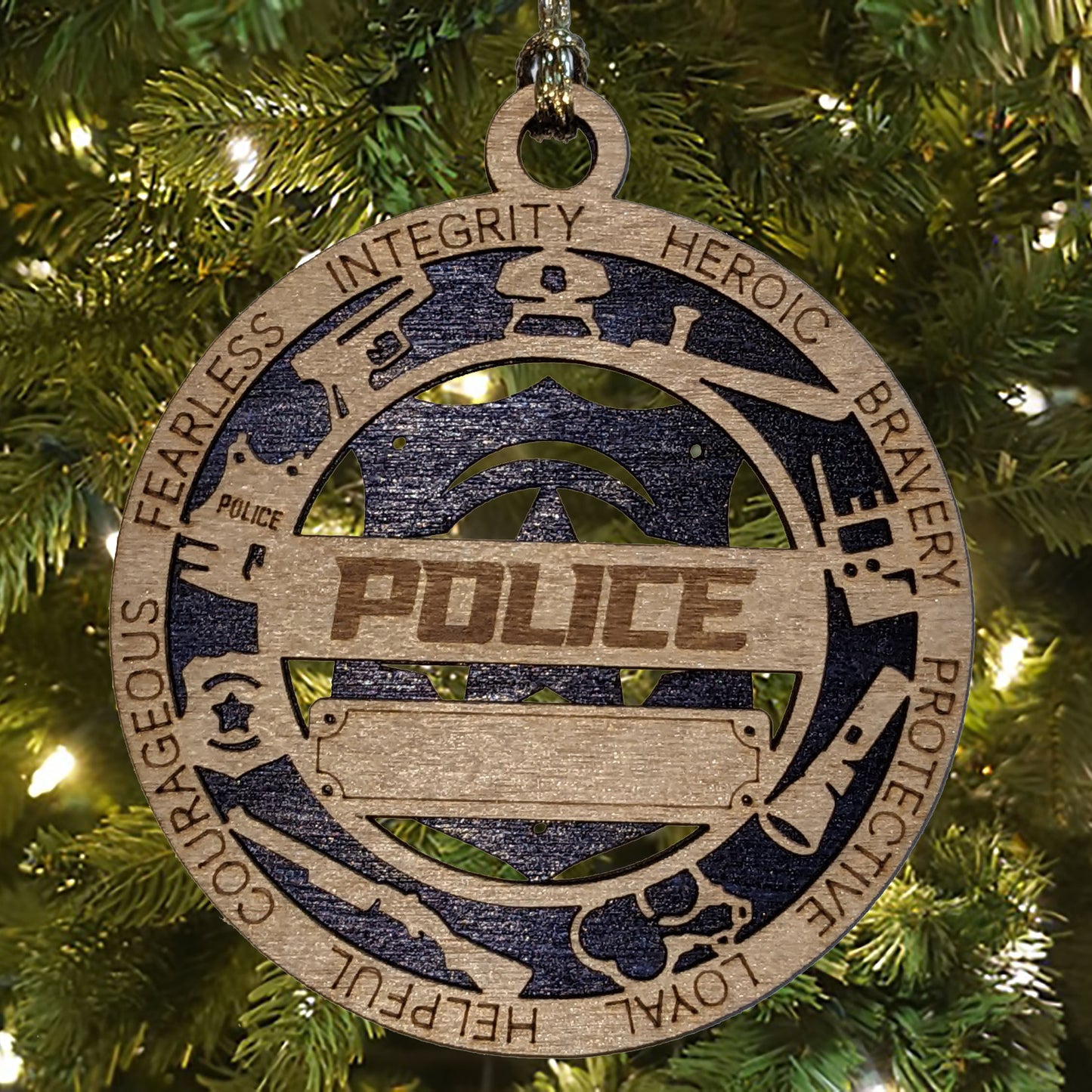 3" Laser Cut Handcrafted Wooden Personalized Police Christmas Ornament with Cut Background - Custom Law Enforcement Holiday Decor