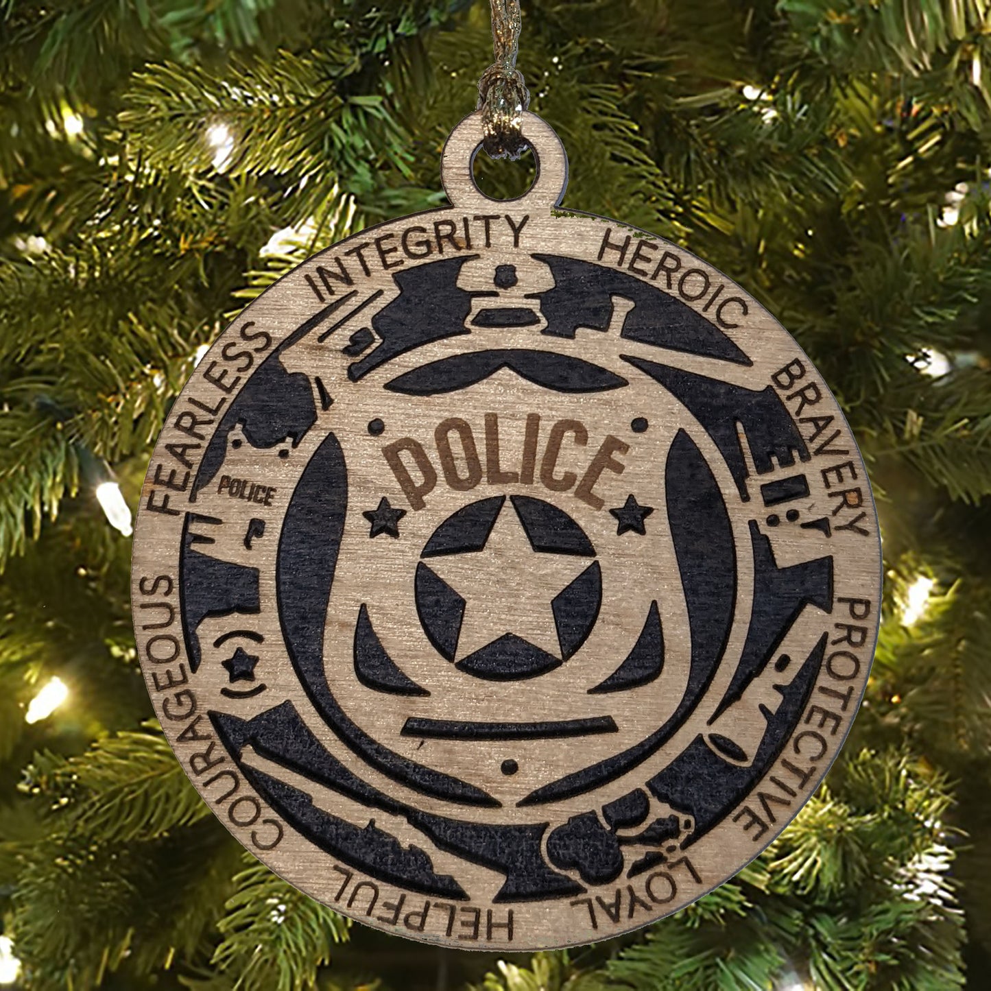 3" Laser Cut Handcrafted Wooden Police Christmas Ornament - Solid Background Law Enforcement Xmas Decor