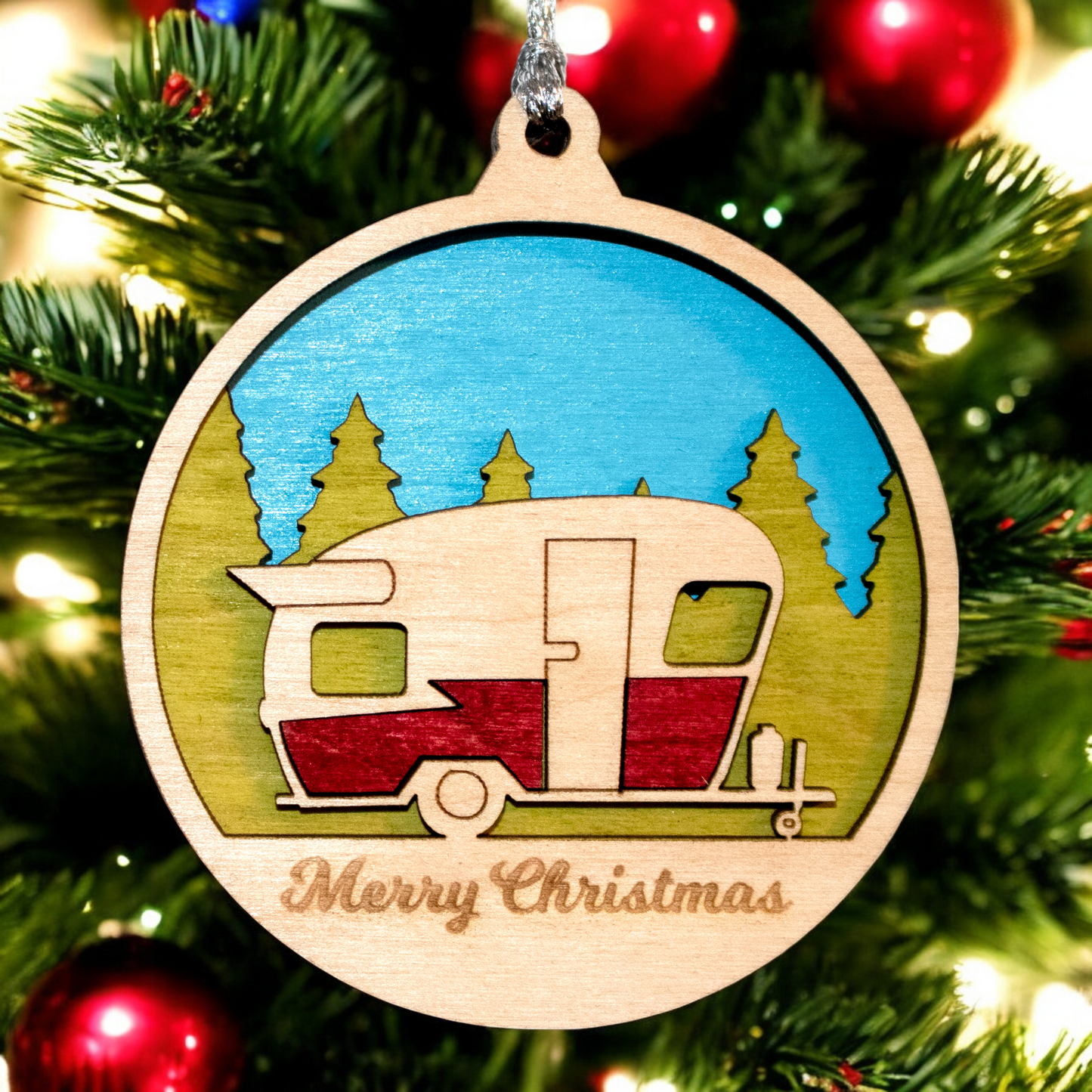 Rustic Wood Christmas Ornament - Vintage Camper Trailer Design - "Merry Christmas" - 3" Round Laser Cut Decoration - Handmade in Oregon, USA