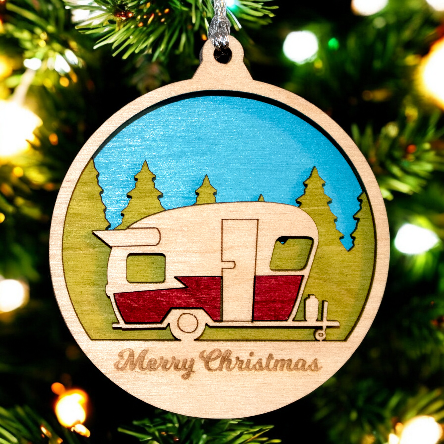 Rustic Wood Christmas Ornament - Vintage Camper Trailer Design - "Merry Christmas" - 3" Round Laser Cut Decoration - Handmade in Oregon, USA