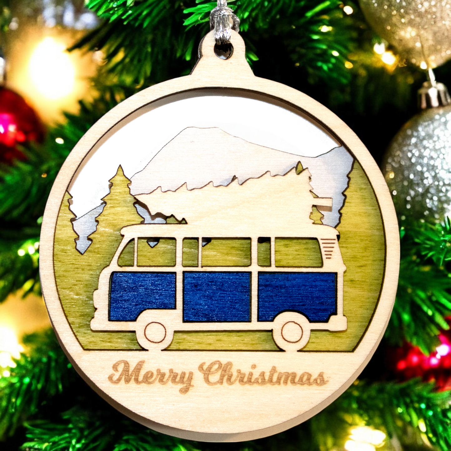 Retro Van Christmas Ornament - Wooden Laser Cut VW with Tree, Handmade in Oregon USA