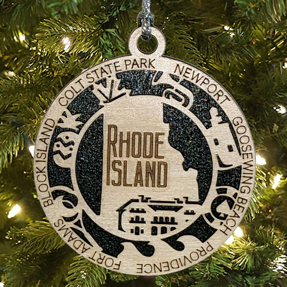 Rhode Island State Pride 3D Wood Laser Cut Ornament: Featuring Iconic Rhode Island Symbols and Custom Background Colors