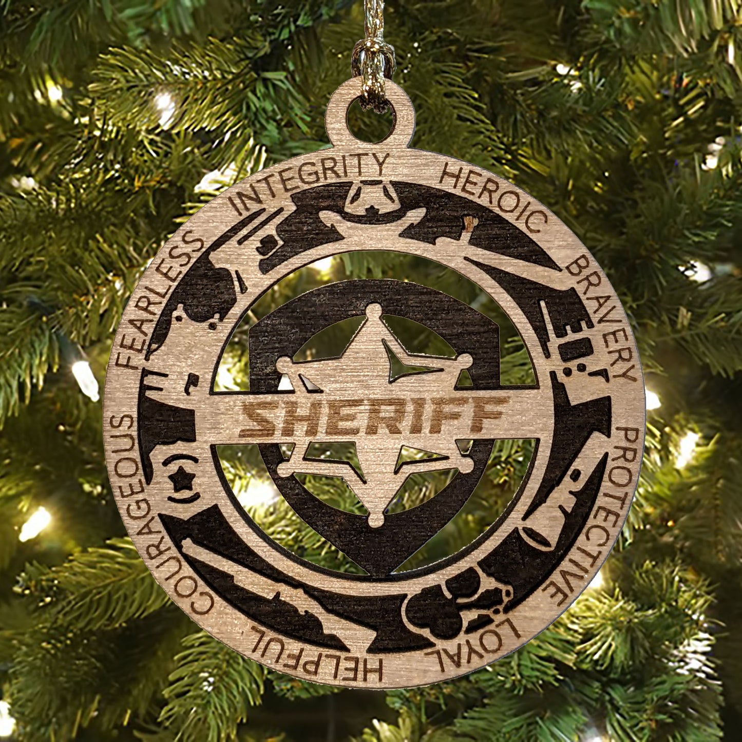 3" Laser Cut Handcrafted Wooden Sheriff Christmas Ornament with Cut Background - Custom Law Enforcement Holiday Decor