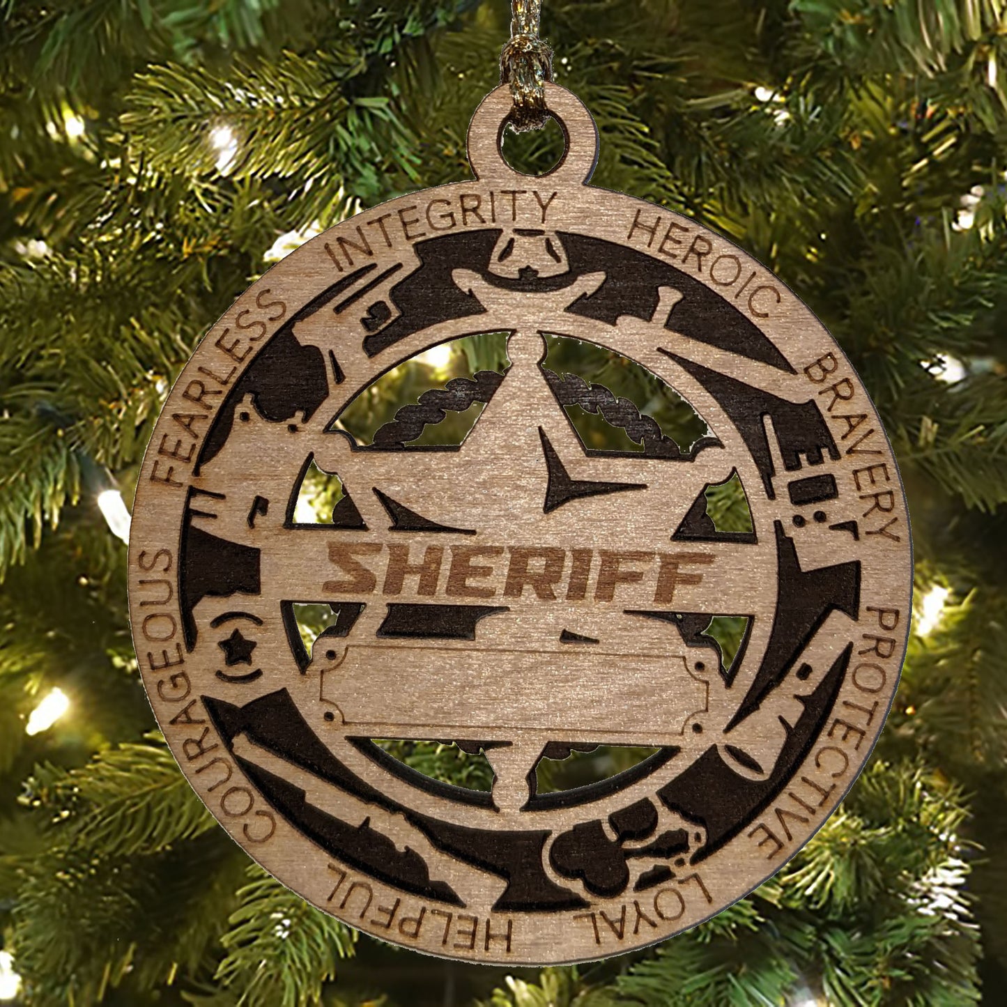 3" Laser Cut Handcrafted Wooden Personalized Sheriff Christmas Ornament with Cut Background - Custom Law Enforcement Holiday Decor