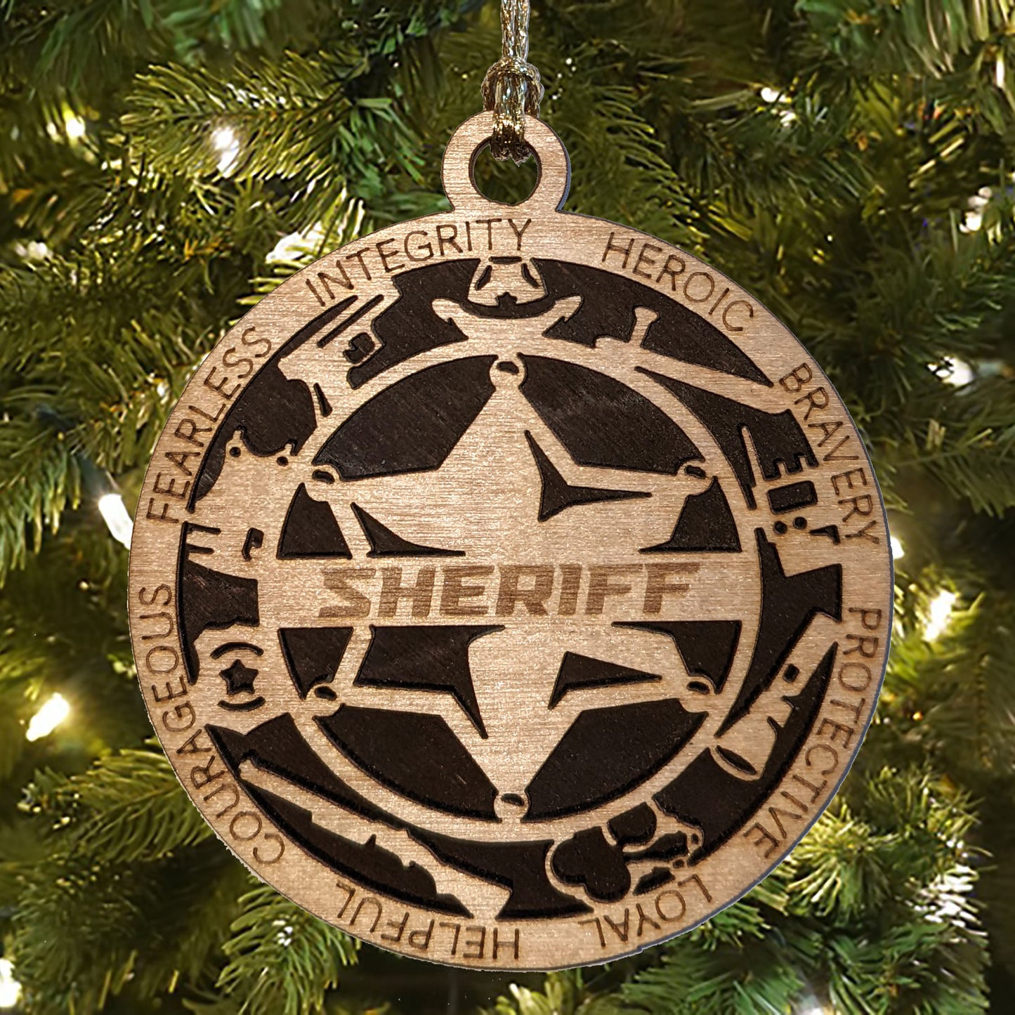 3" Sheriff Christmas Ornament - Handcrafted Wooden Decoration with Solid Background