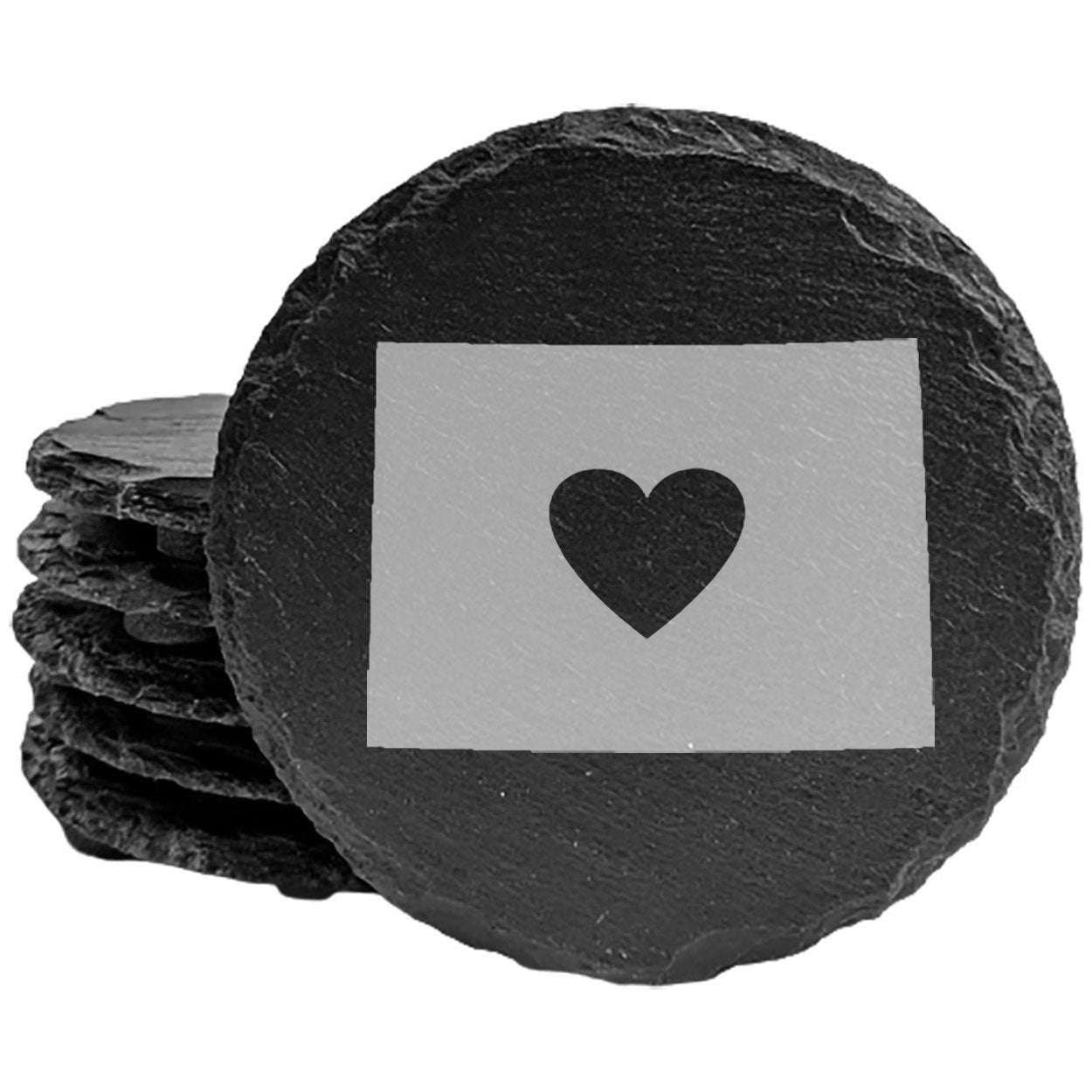 Rustic Slate Coasters Set of 4, Round 4" with Colorado Heart Design, Laser Etched, Perfect for Holidays, Birthdays, Housewarming, She-Shed, Man Cave, Made in Oregon, USA,