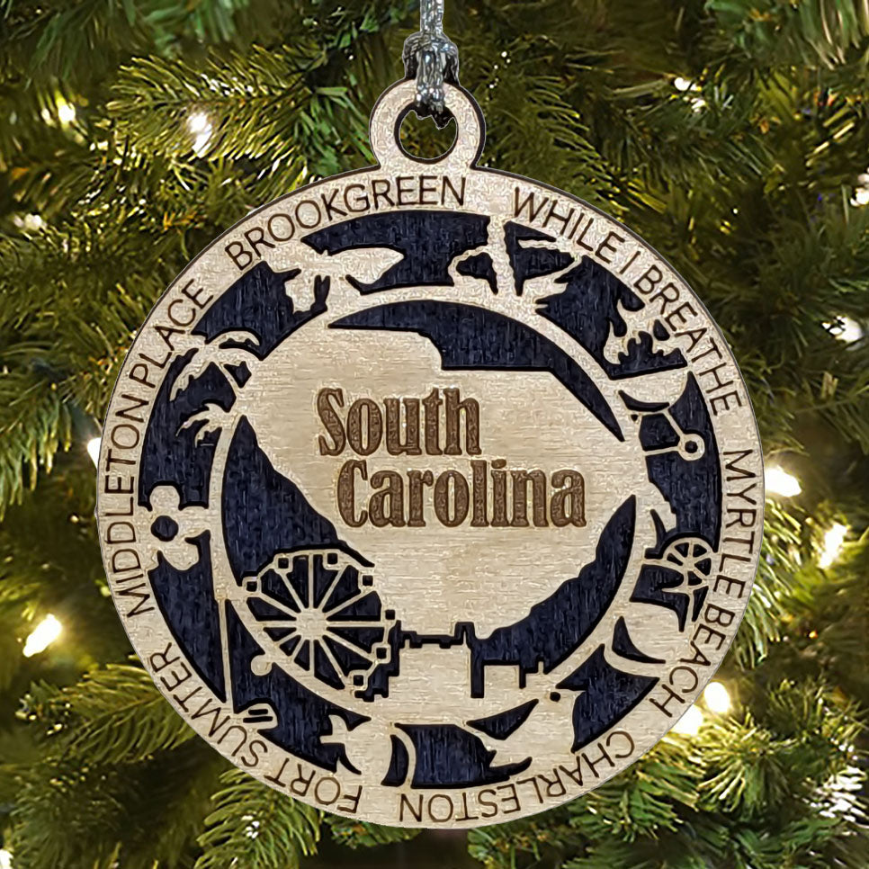 South Carolina State Pride 3D Wood Laser Cut Ornament: Featuring Iconic South Carolina Symbols and Custom Background Colors