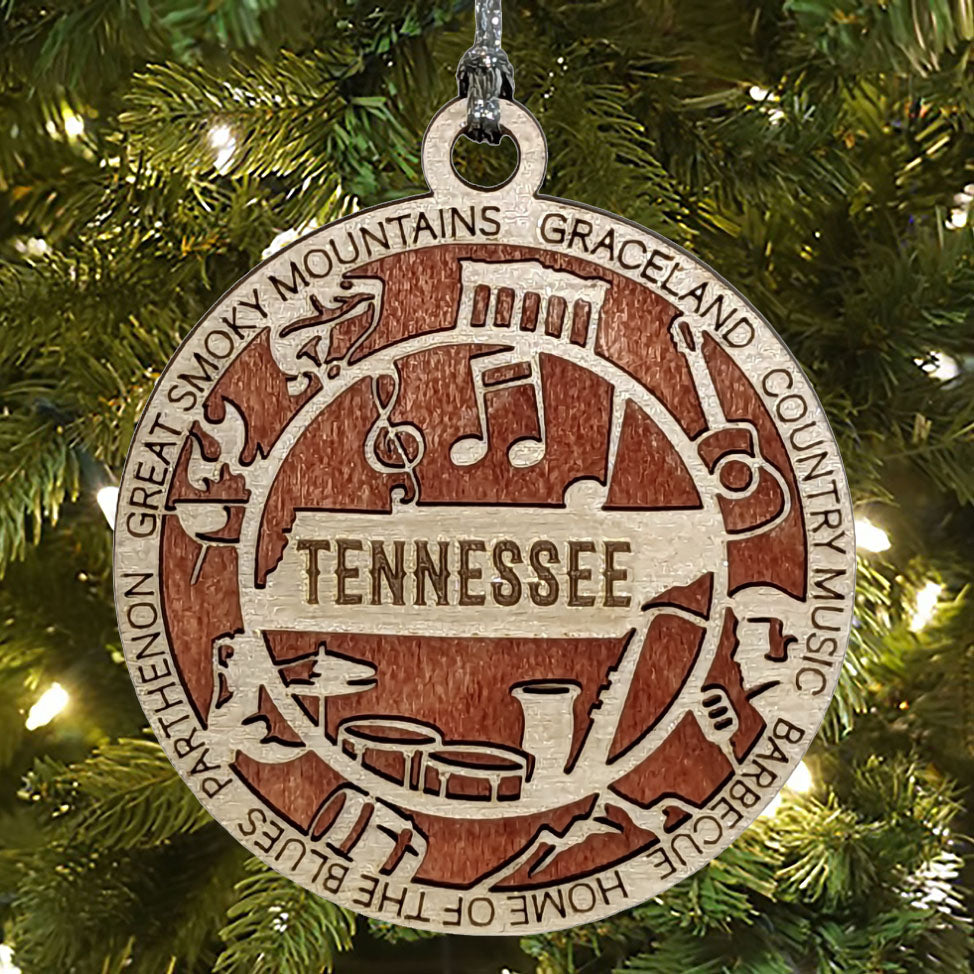 Tennessee State Pride 3D Wood Laser Cut Ornament: Featuring Iconic Tennessee Symbols and Custom Background Colors