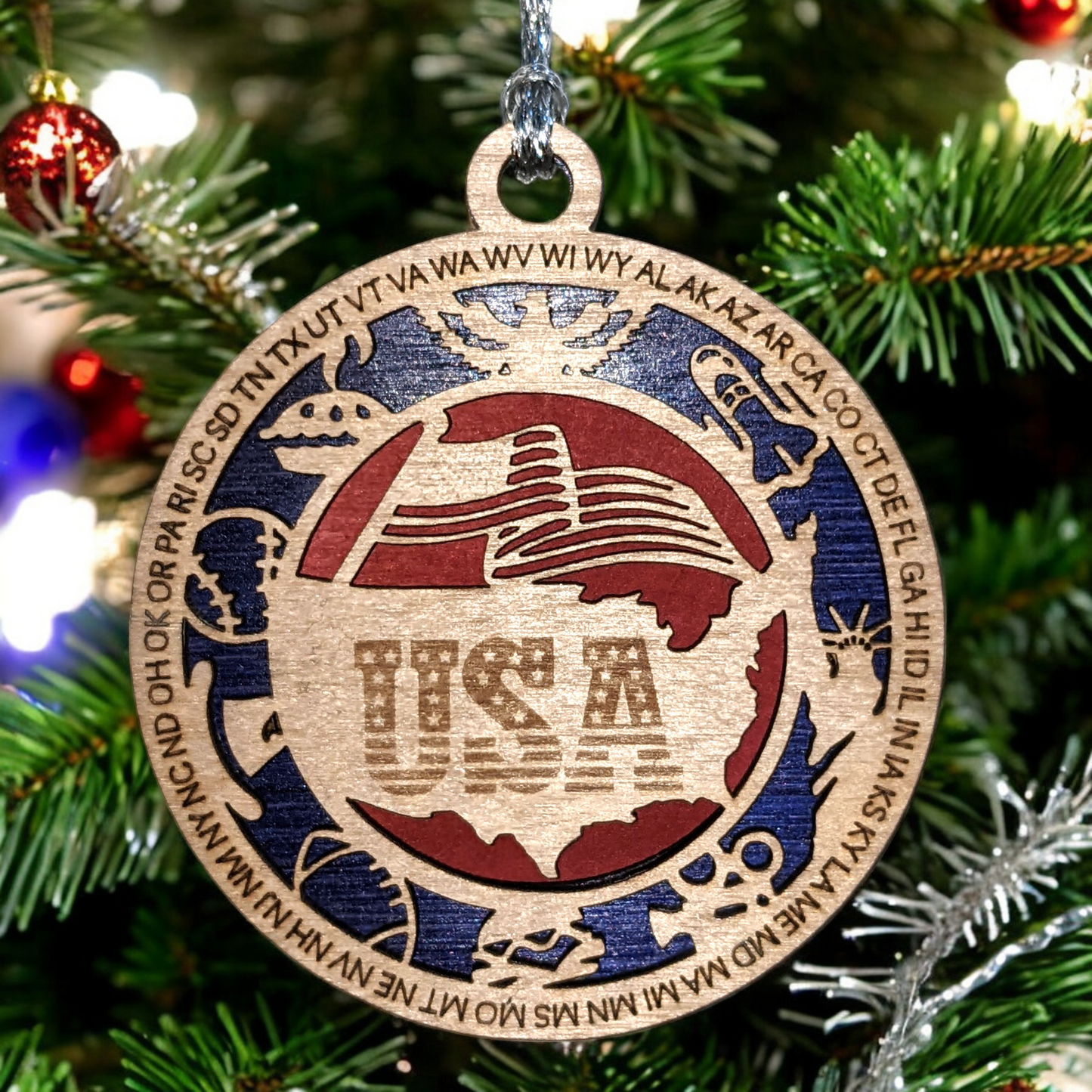 Patriotic USA Christmas Ornament - Handmade Wooden Laser Cut American Symbol Decor, 3" Round, 2 Layer, Made in Oregon