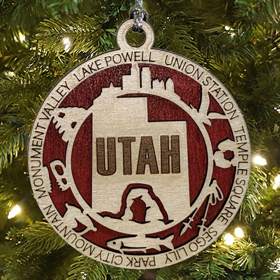Utah State Pride 3D Wood Laser Cut Ornament: Featuring Iconic Utah Symbols and Custom Background Colors