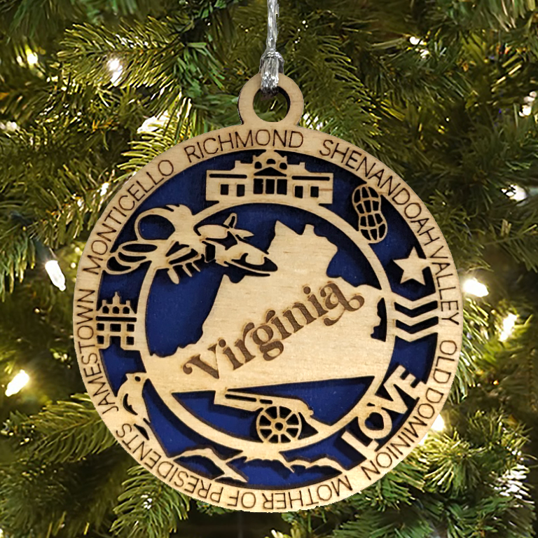 Virginia State Pride 3D Wood Laser Cut Ornament: Featuring Iconic Virginia Symbols and Custom Background Colors