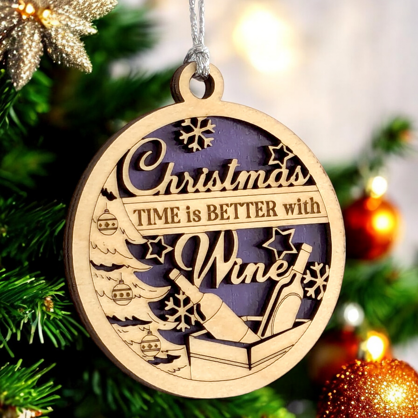Handcrafted Wood Wine Christmas Ornament - 3" Laser Cut Tree Decoration, "Christmas time is better with wine"