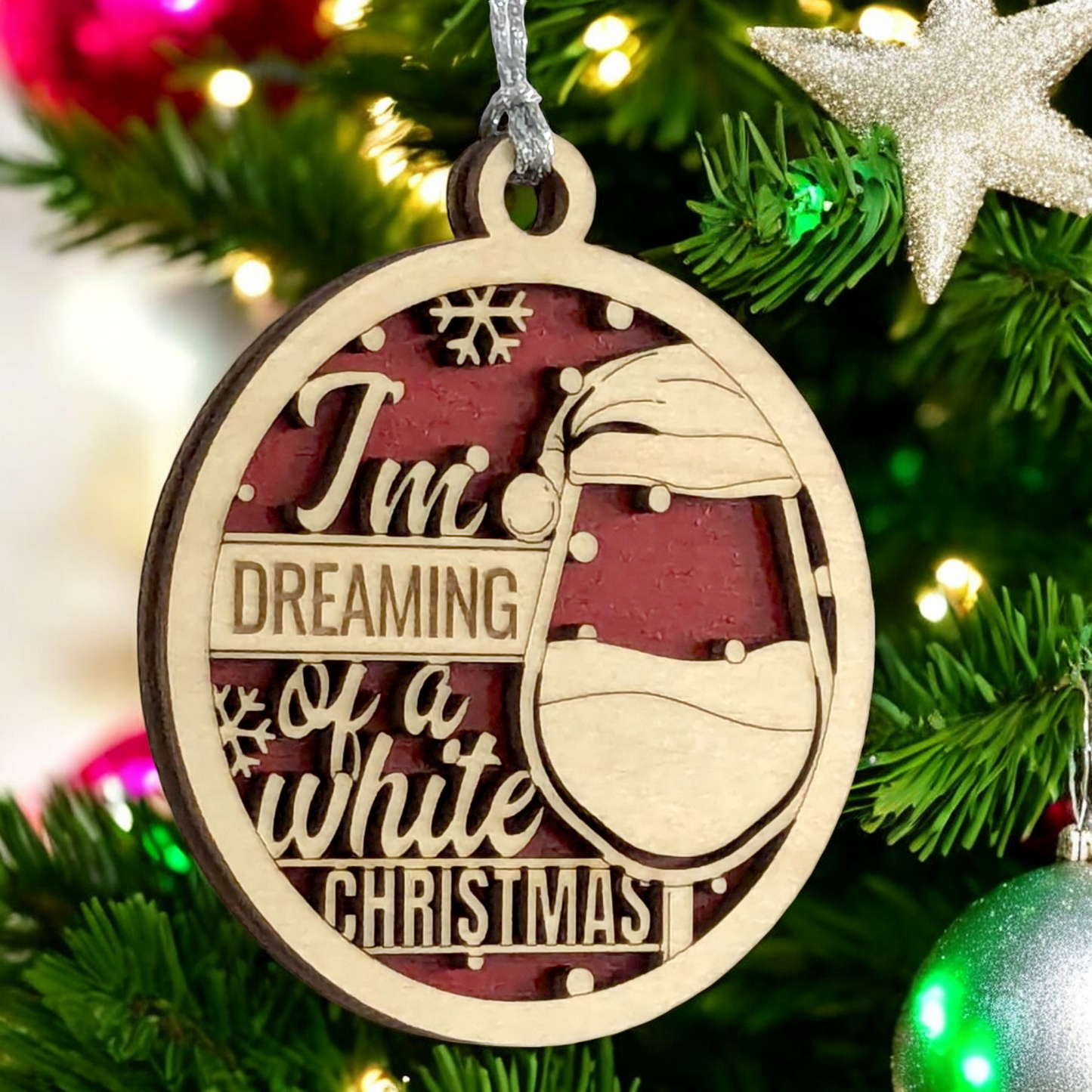 "Dreaming of White Christmas" Wine Glass Ornament - 3" Wood, 2-Layer Design, Handcrafted USA Gift for Wine Lovers