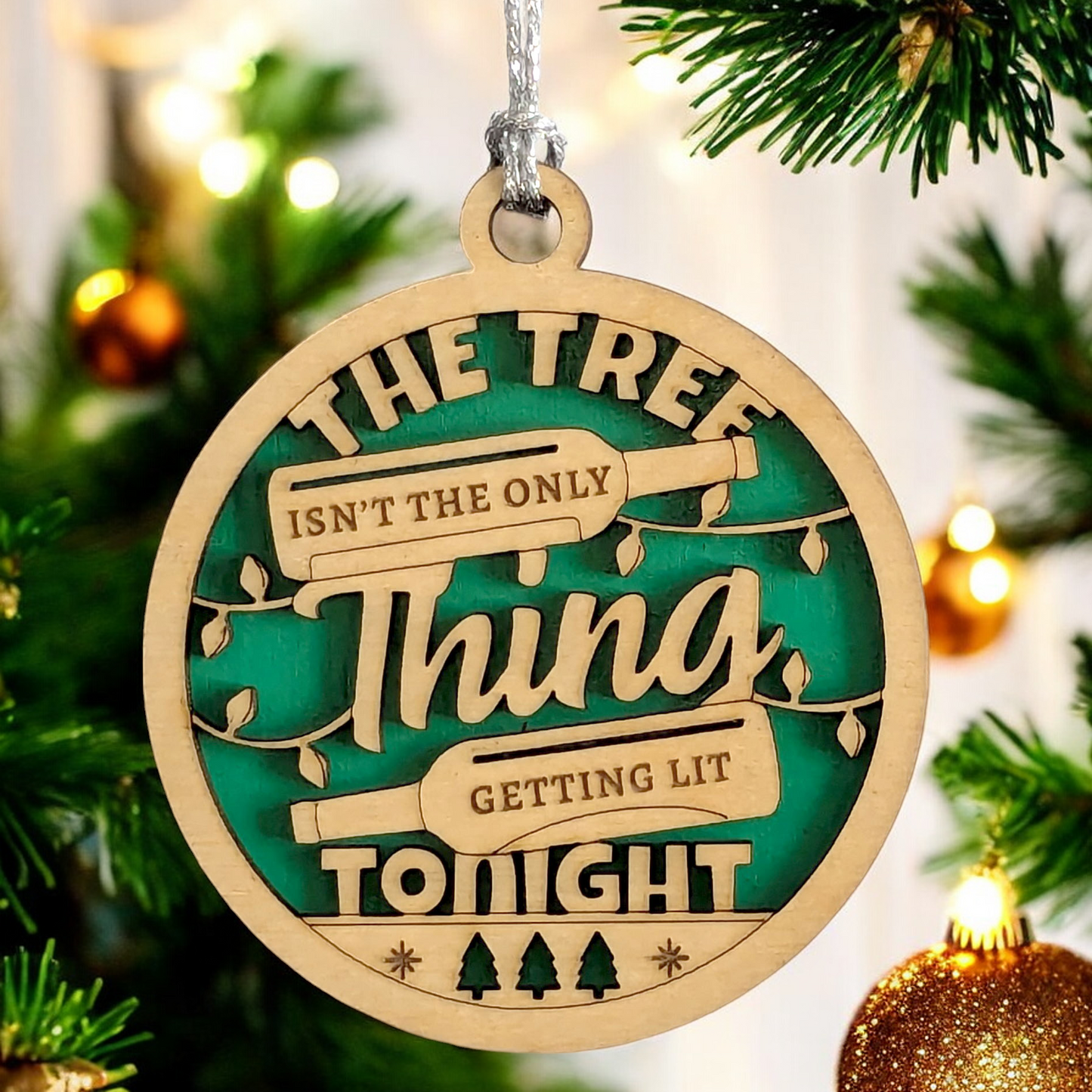 "Getting Lit" Wine Bottle Christmas Ornament - 3" Wood Laser Cut - Funny Holiday Decor Gift