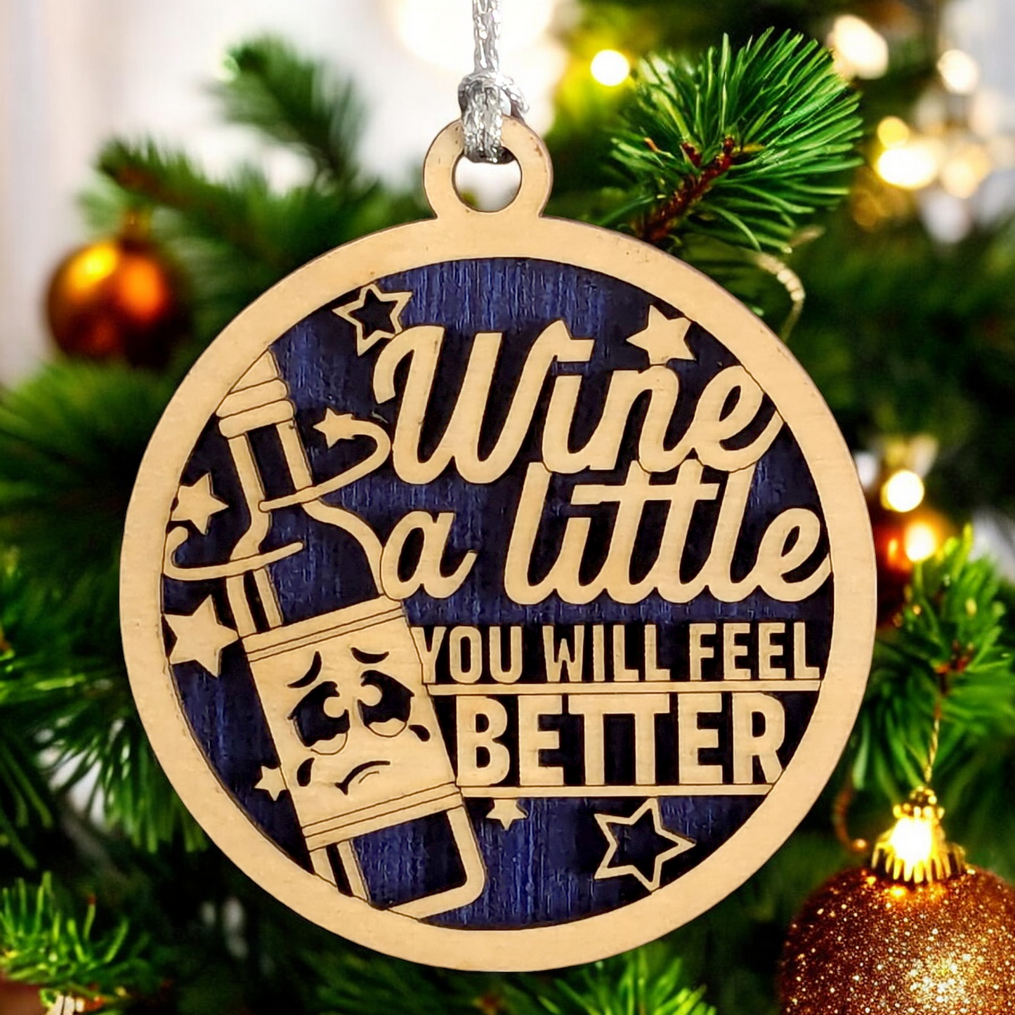 Handmade Wood Wine Ornament - 3" "Wine a Little" Funny Quote - Oregon USA Crafted Christmas Decor