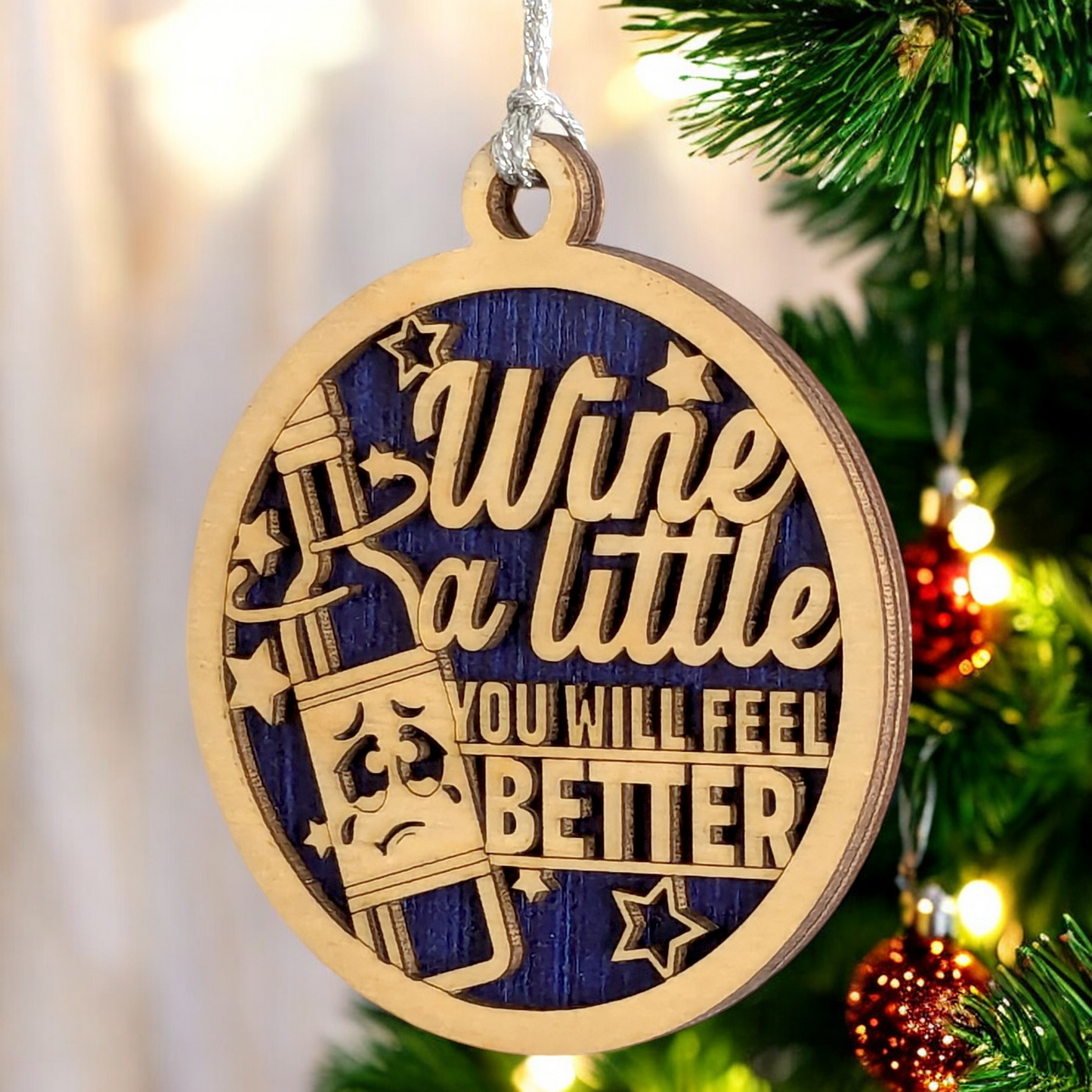 Handmade Wood Wine Ornament - 3" "Wine a Little" Funny Quote - Oregon USA Crafted Christmas Decor