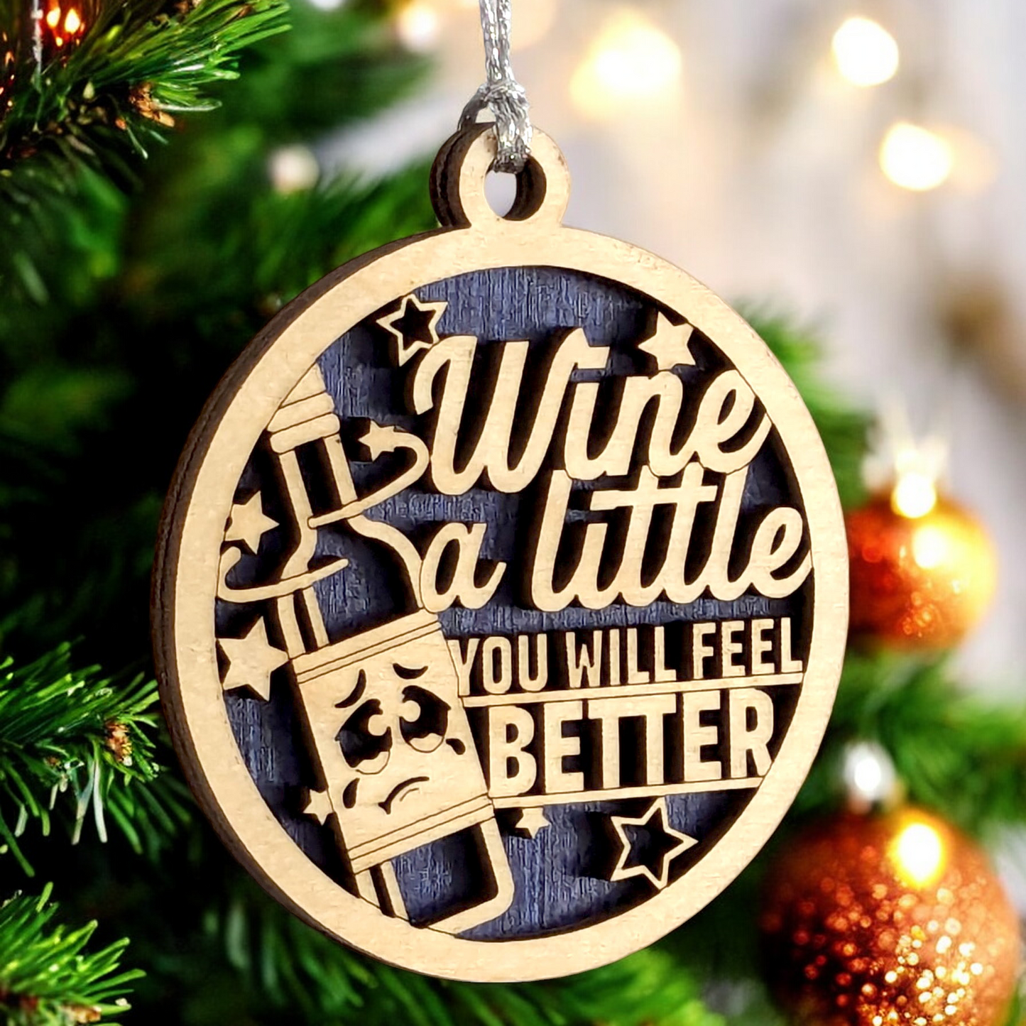 Handmade Wood Wine Ornament - 3" "Wine a Little" Funny Quote - Oregon USA Crafted Christmas Decor