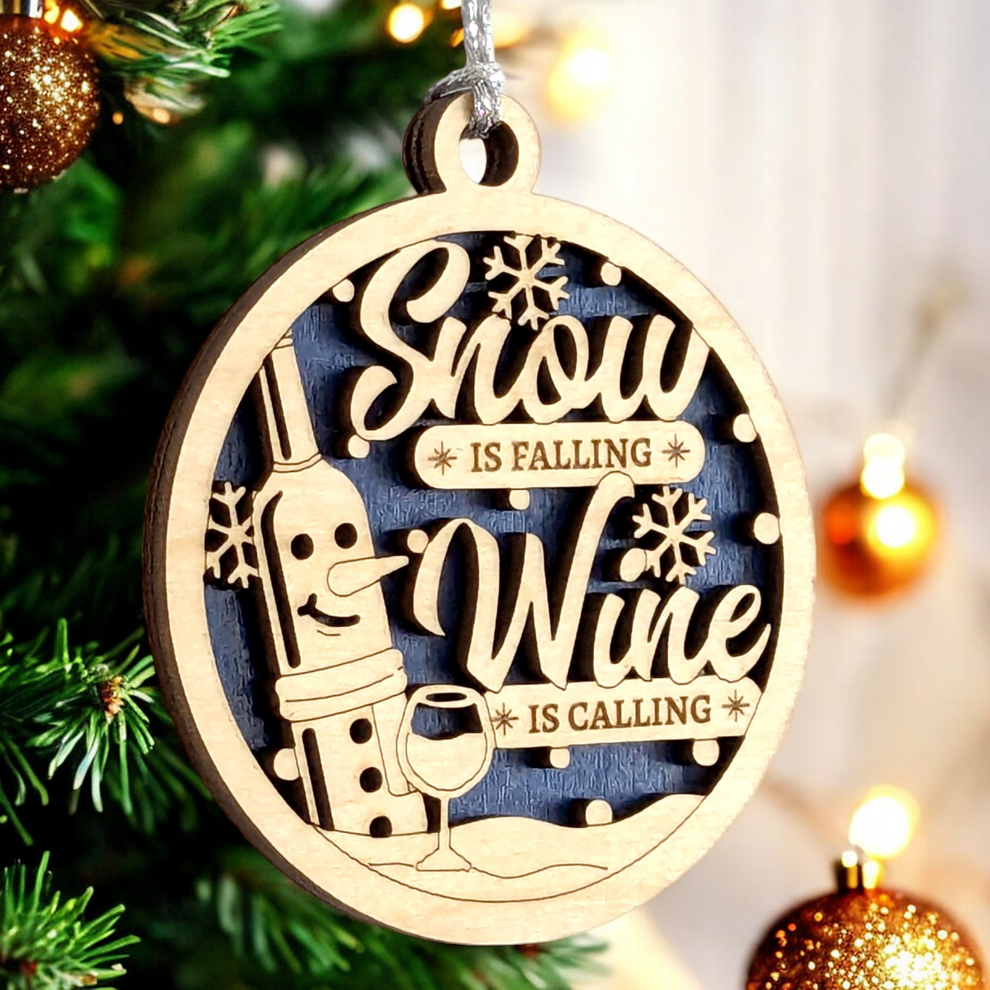 "Snow is Falling, Wine is Calling" - 3" Laser Cut Wood Christmas Ornament, Handmade Wine Bottle Snowman Decor