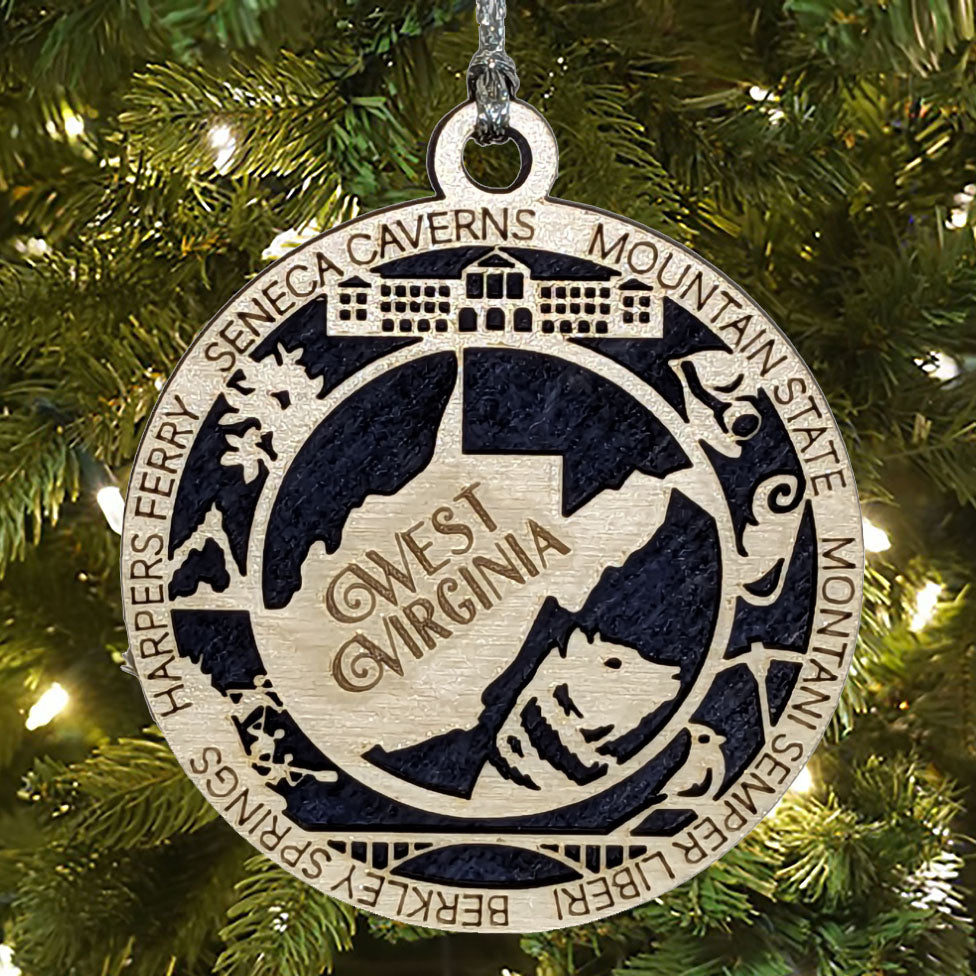 West Virginia State Pride 3D Wood Laser Cut Ornament: Featuring Iconic West Virginia Symbols and Custom Background Colors