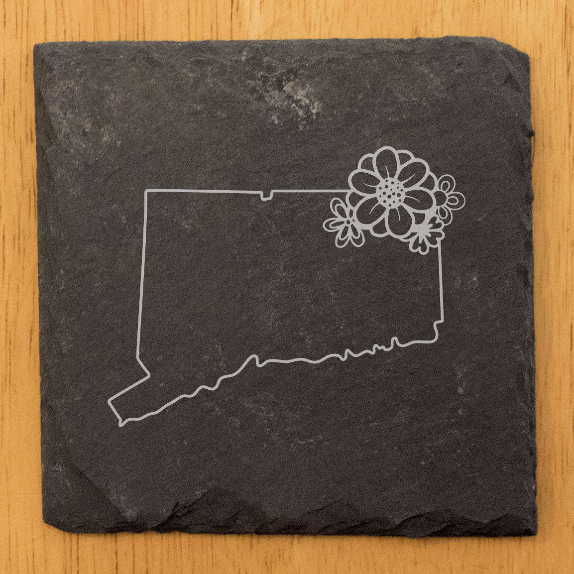 Rustic Slate Coasters Set of 4 - Laser Etched Connecticut Design with Flower - Perfect Gift for Holidays, Birthdays, Housewarming - 4" Round/Square - Made in Oregon, USA - Natural Chipped Edge