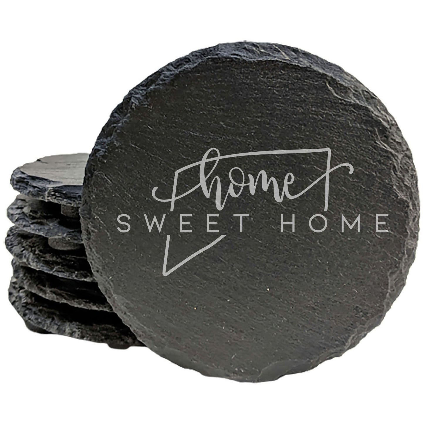 Rustic Slate Coasters Set of 4, Round 4" with 'Home Sweet Home' Connecticut Design, Perfect Gift for Holidays, Birthdays, Housewarming, She-Shed, Man Cave, Made in Oregon, USA, Natural Edge