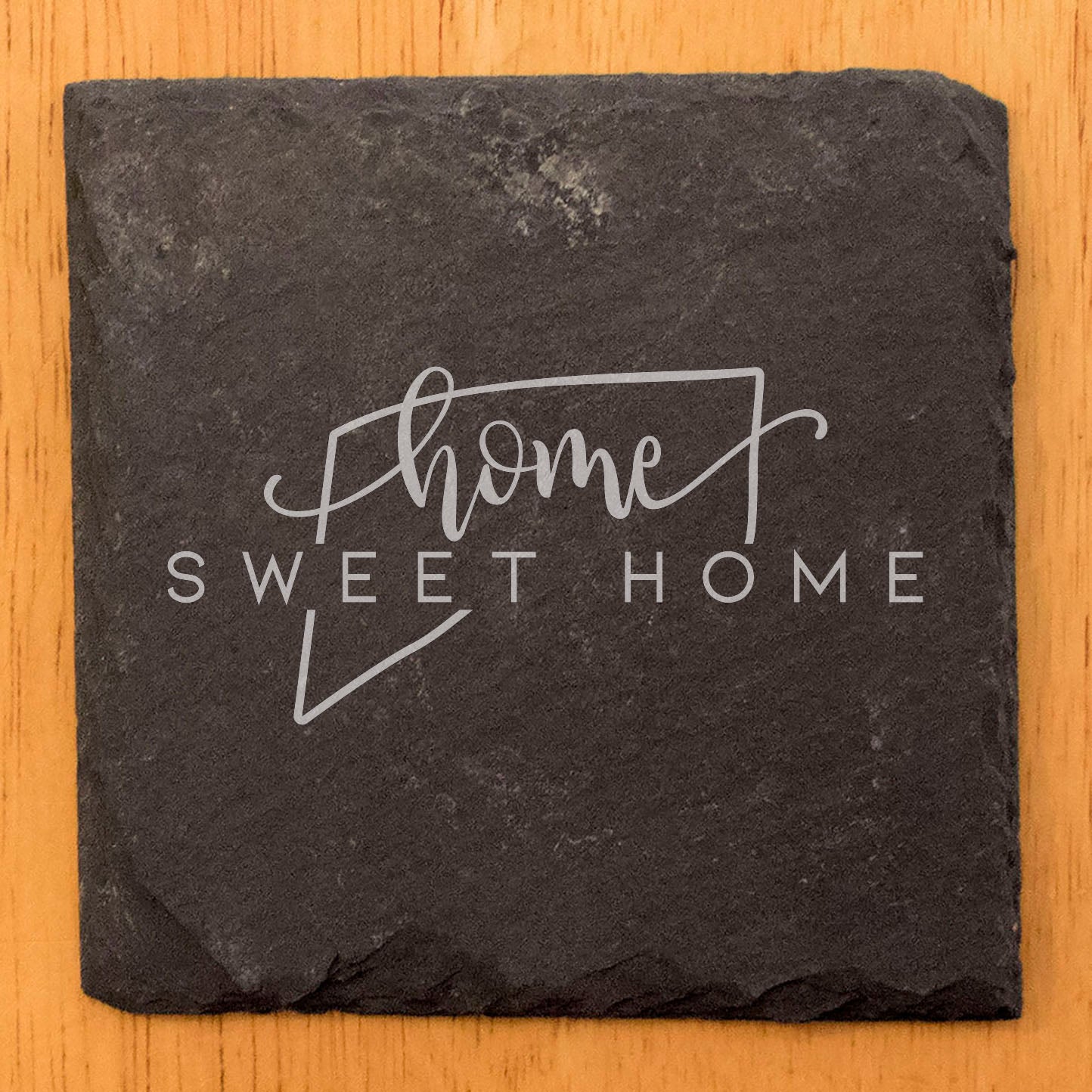 Rustic Slate Coasters Set of 4, Round 4" with 'Home Sweet Home' Connecticut Design, Perfect Gift for Holidays, Birthdays, Housewarming, She-Shed, Man Cave, Made in Oregon, USA, Natural Edge